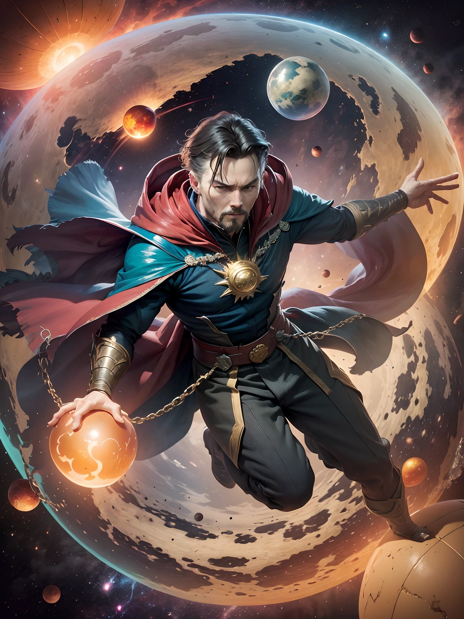 Dr Strange in space, floating inside a mythical orange sphere --auto --s2