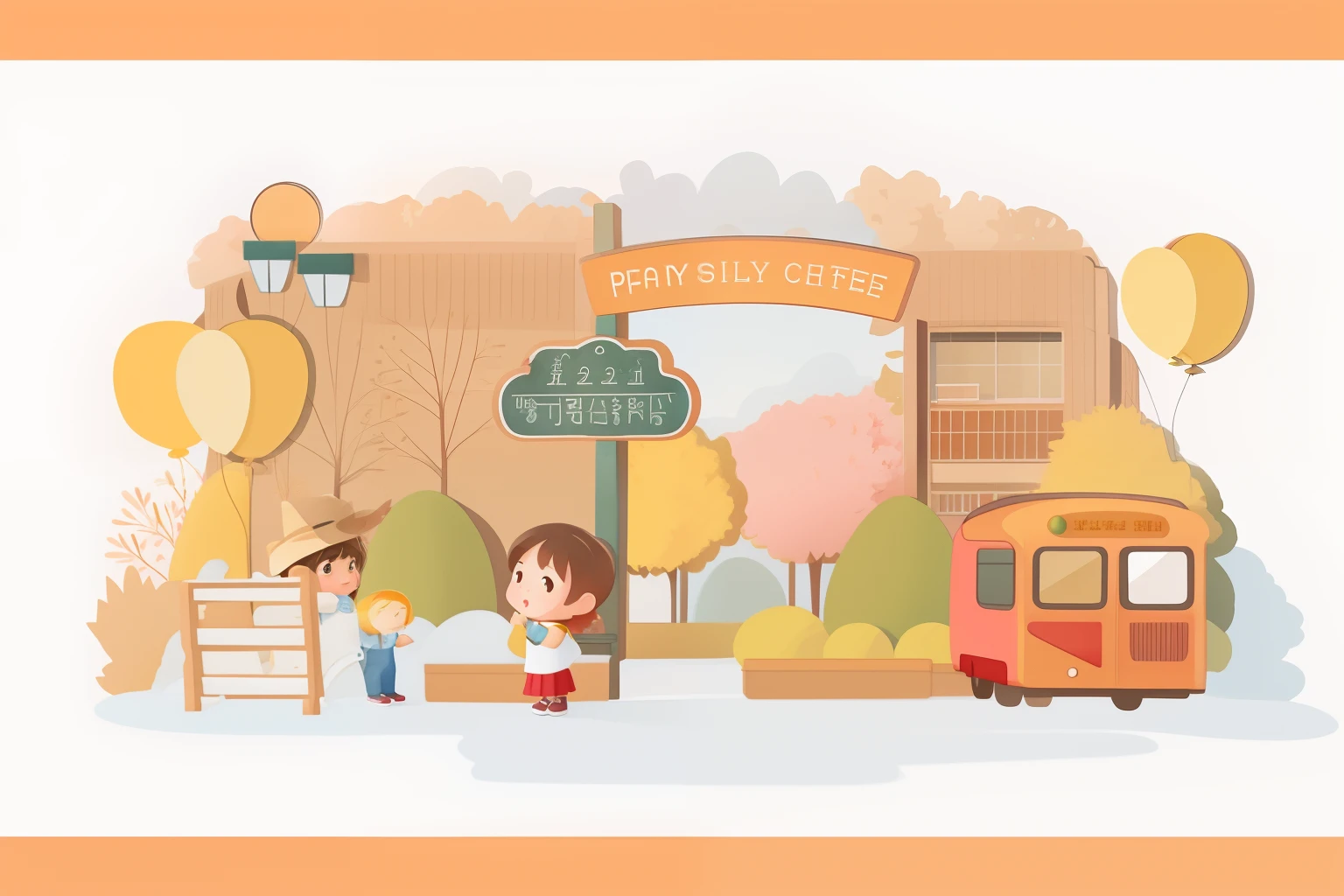 There are two cute little kids banners,A child holds a racket,A child is playing football,There are also some autumn trees and flowers around the little ones,There is also a kindergarten school bus with balloons on the right side of the picture,The whole picture is red。Simple cartoon style, Classroom Background, 8 K cartoon illustration, Detailed kindergarten school background, Cute cartoon style, Watercolor illustration style, Cartoon style illustration, A beautiful artwork illustration, adorable digital art