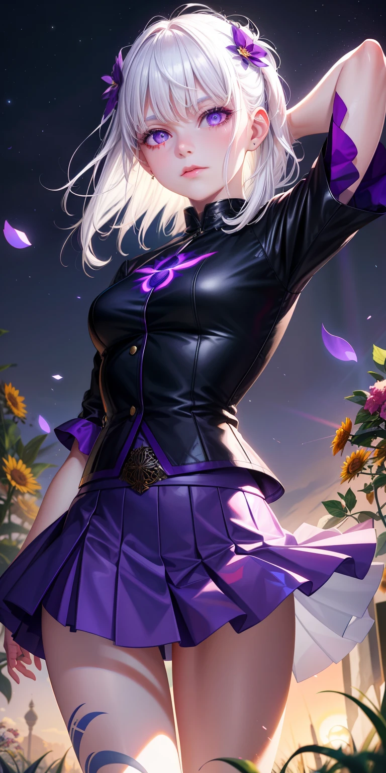 realisticlying,1girl,White hair,Purple eye,glowing light eyes,Cut the top,a skirt,parted lip,Be red in the face,the night,fresh flowers,suns,rays of sunshine,Tattoo in purple。