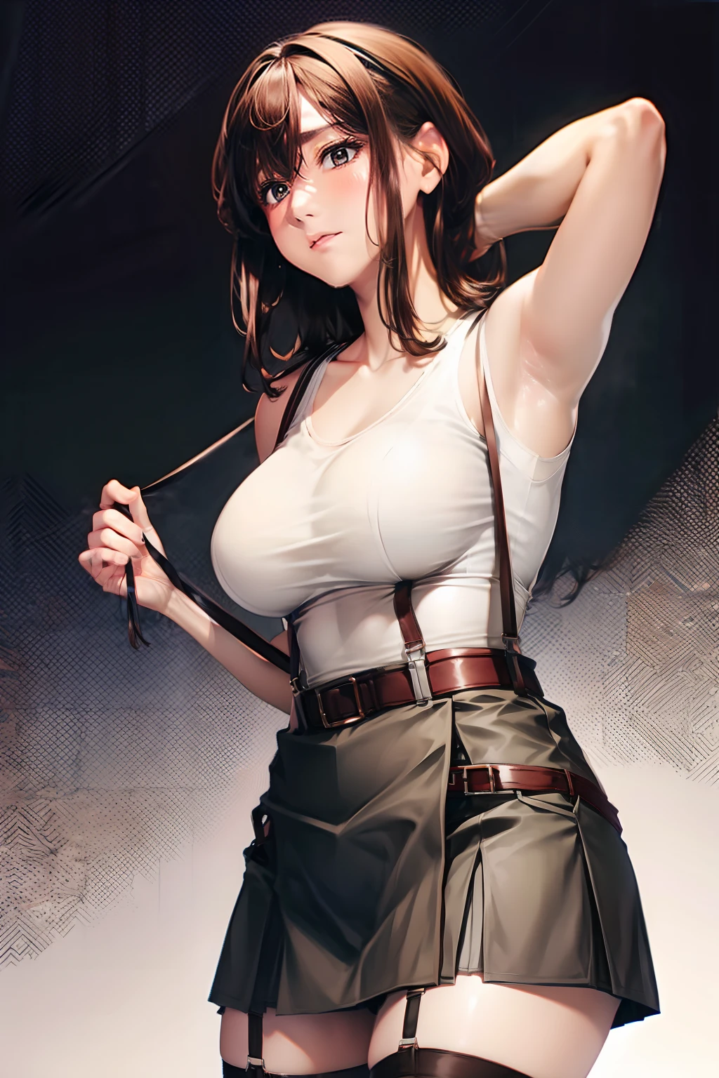 (((Annie Lennox))), (((copper color suit))), (scars), (((bandaged arms))), (((Copper-colored clothes))) ((fur hood)), (((best qualityer: 1.4))), (Unbeatable masterpiece), (hiper HD),(CG 8k hyper-realistic), brave face, (((breasts big))), (((hyper feminine))), sexly girl, black tattoo,(ultra short red hair with white highlights)), ((( sculptural body ))), (((1 Kizi))), Kizi tatuada de 25 anos com perfectbody,,Beautiful and well-groomed face,muscular body:1.2,solid color detailed jacket, (Head to thigh photos), Complex equipment, copper,Tight clothes,With white stars and off-white stripes,,,,,Armor Metal Electronic Parts, Poison tattoos ) INFO, Kizi, (((standing alone))), pirralha violent, 24歳, sexy, pose de atitude, work of art, post-apocalypse, (((manga style))), bounty hunter, the way you want, perfect body, roupa moderna, advanced technology, Pleated mini skirt with checkered pattern in red and black, fur collar jacket, sleeves with vertical striped pattern, neutral background, (( cowboy shot )). intricate visual, narrow waist, (((wide hips))), wide hips, fit thighs, (thigh gap), background shows a futuristic airplane