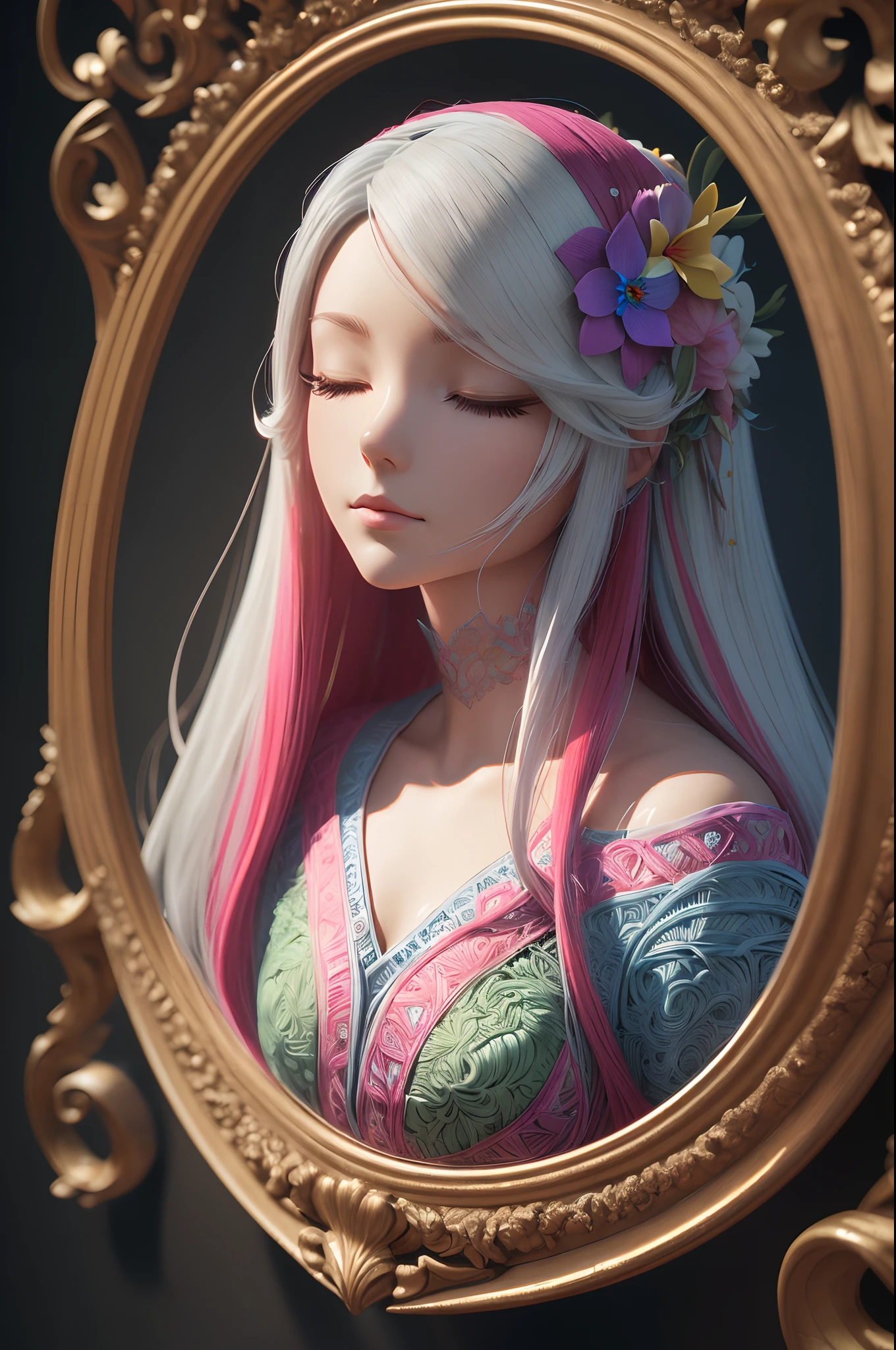 (Beauty side face,Long colored hair,close eyes,Masterpiece narcissus),rainbow colored background, (illustration:1.2,paper art:1.2, zentangle, 3D render),(Best quality, high detailed, Masterpiece, Cinematic Lighting, 4K, Chiaroscuro)