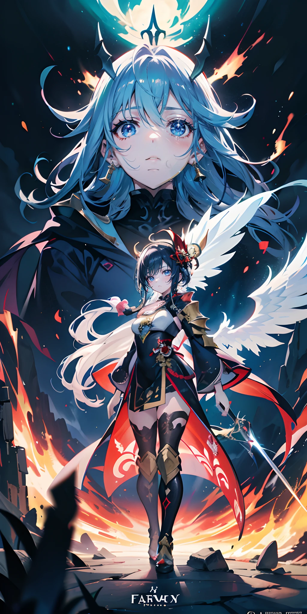 Anime figure，Dark villain，Beauty side face，Long hair flying，（golden headdress），Two teenage girls back to back，（Simple helmet）Spark ashes burn，The samurai held a sword, Wear contrasting armor, The full picture of the witch and witch skeleton,（standing full-body），（（Faraway view）），（HD8K），ultra-wide-angle，The background is gorgeous，the original god, demon anime girl, Angel anime girl，fantasy paladin man, Dragon Knight,Spread your black feathered wings，Mobile Genshin Influence, Anime 8 k, Anime fantasy illustration, Gens6hin Impact, Tough and cold character, Detailed key anime art, Ayaka Genshin impact, onmyoji portrait，Close-up of shooting random weapons, Comic book epic artwork, Epic fantasy digital art style,Epic fantasy art style, 8K high quality detailed art, Epic fantasy art style HD, Faraway view，Behind him，It is a golden glowing magic array。，Purify the flame，HD anime visuals，full portrait of magical knight，