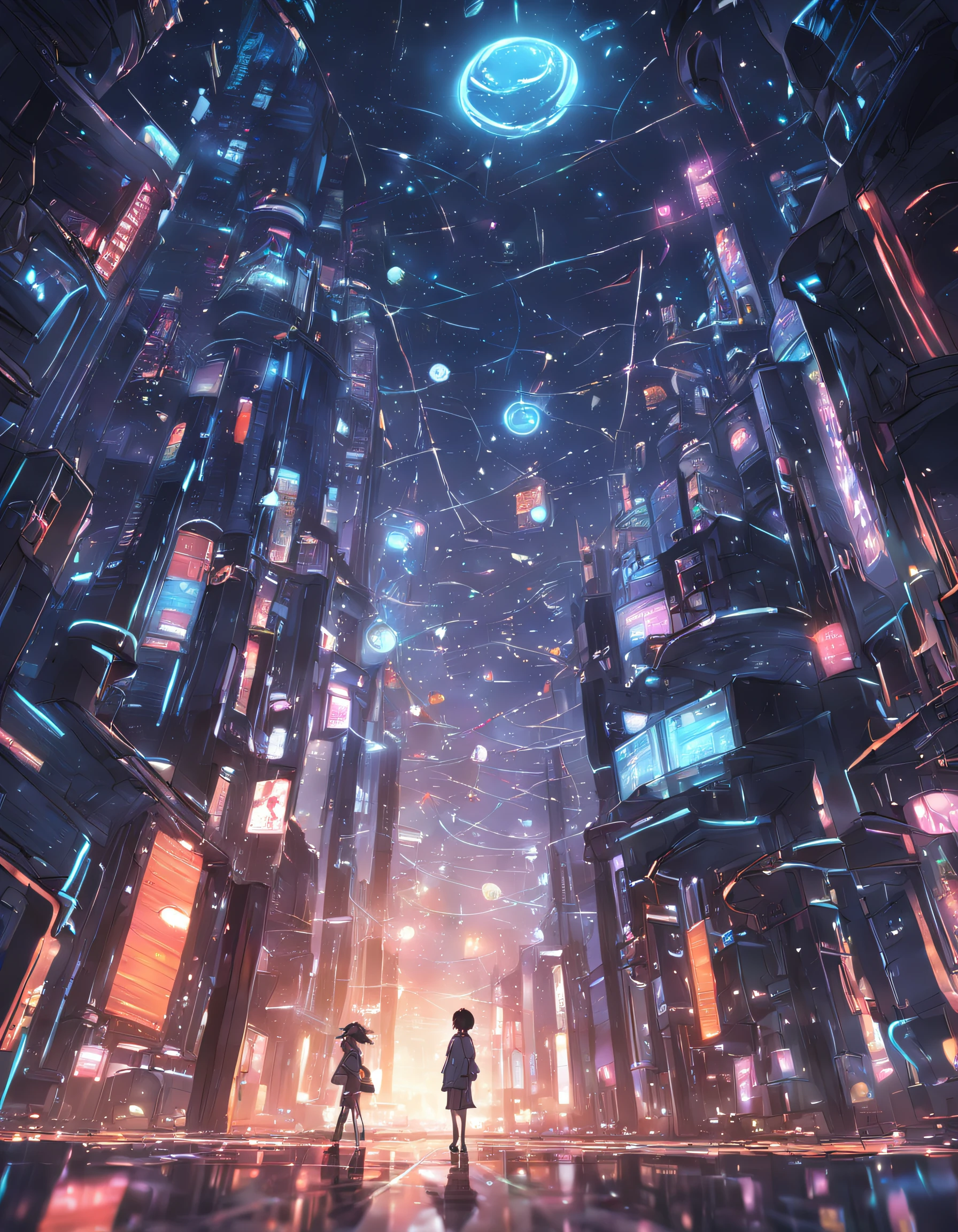 High-tech learning city technology looking up view, From below, Perspective, deep in the night, the night, Best quality dark background。