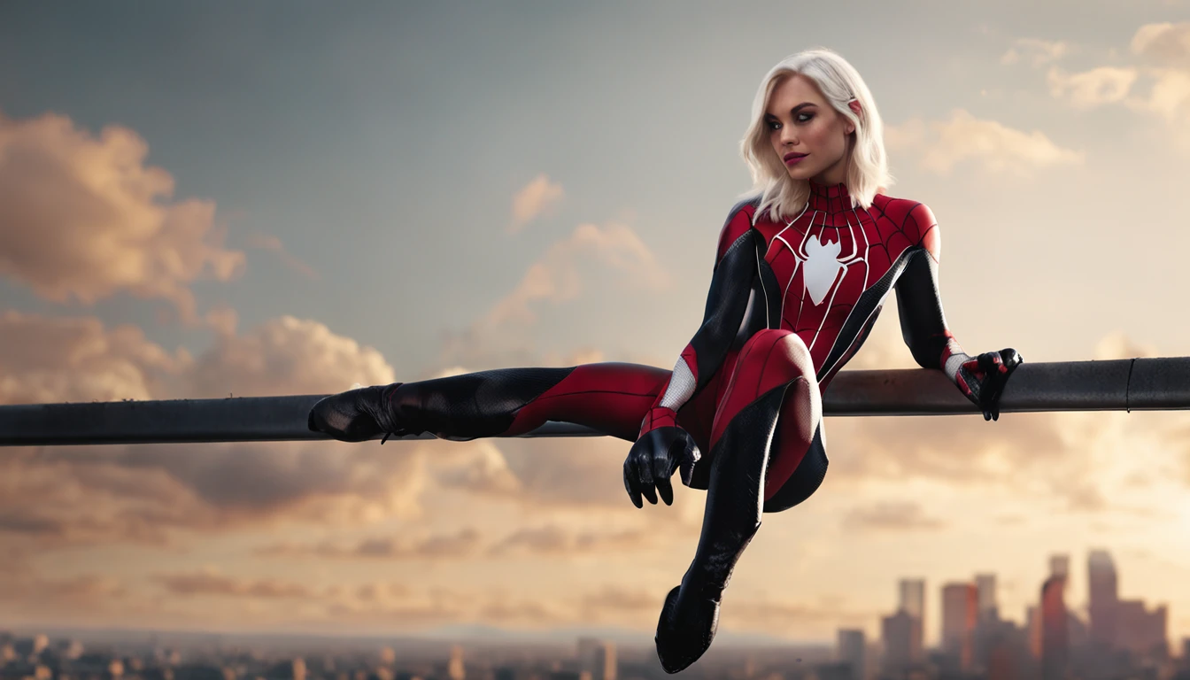 spider woman gwen , sexy open leg , top of tower , golden hour , blone , emma stone face ,