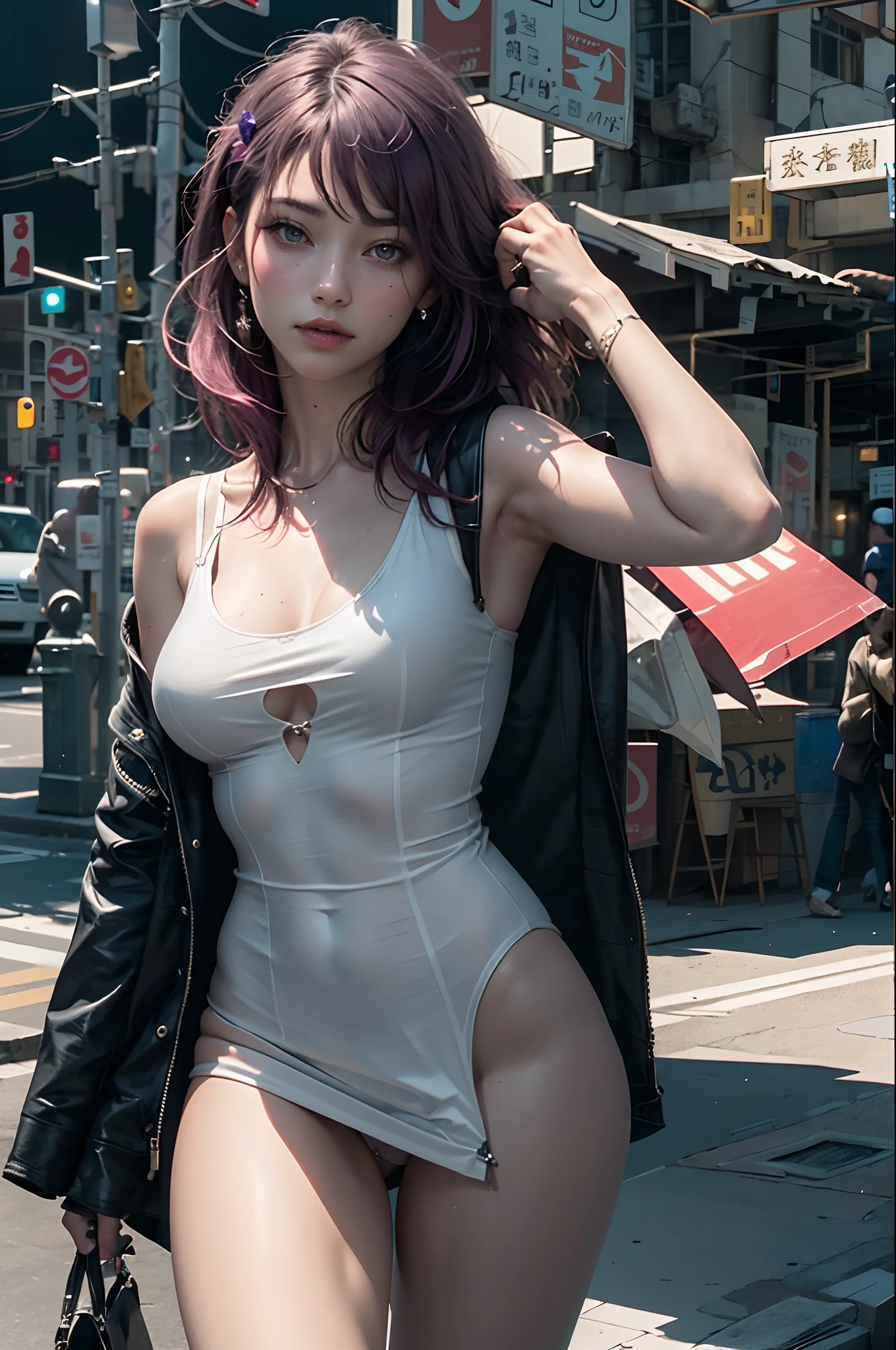 8K, Top quality, Real images, Intricate details, Ultra detail, 超高分辨率, Masterpiece, full bodyesbian, Tank top dress :1.1, (neonlight, Have on the street:1.1),), Purple colored hair, Long hair, semi-open strawberry lips, Top quality, Realistic, Photorealistic, (Complex details: 1.2), (Delicate details), (Cinematic light), Clear lines, Sharp focus, Realistic face, Detailed face, detailed breast, Beautiful girl with accentuated slender abs: 1.4, sixpack abs: 1.4,  Perfect body, Detail legs, Unity 8k wallpaper, hyper HD, (Photorealistic: 1.4),(((No panties, No bra)),