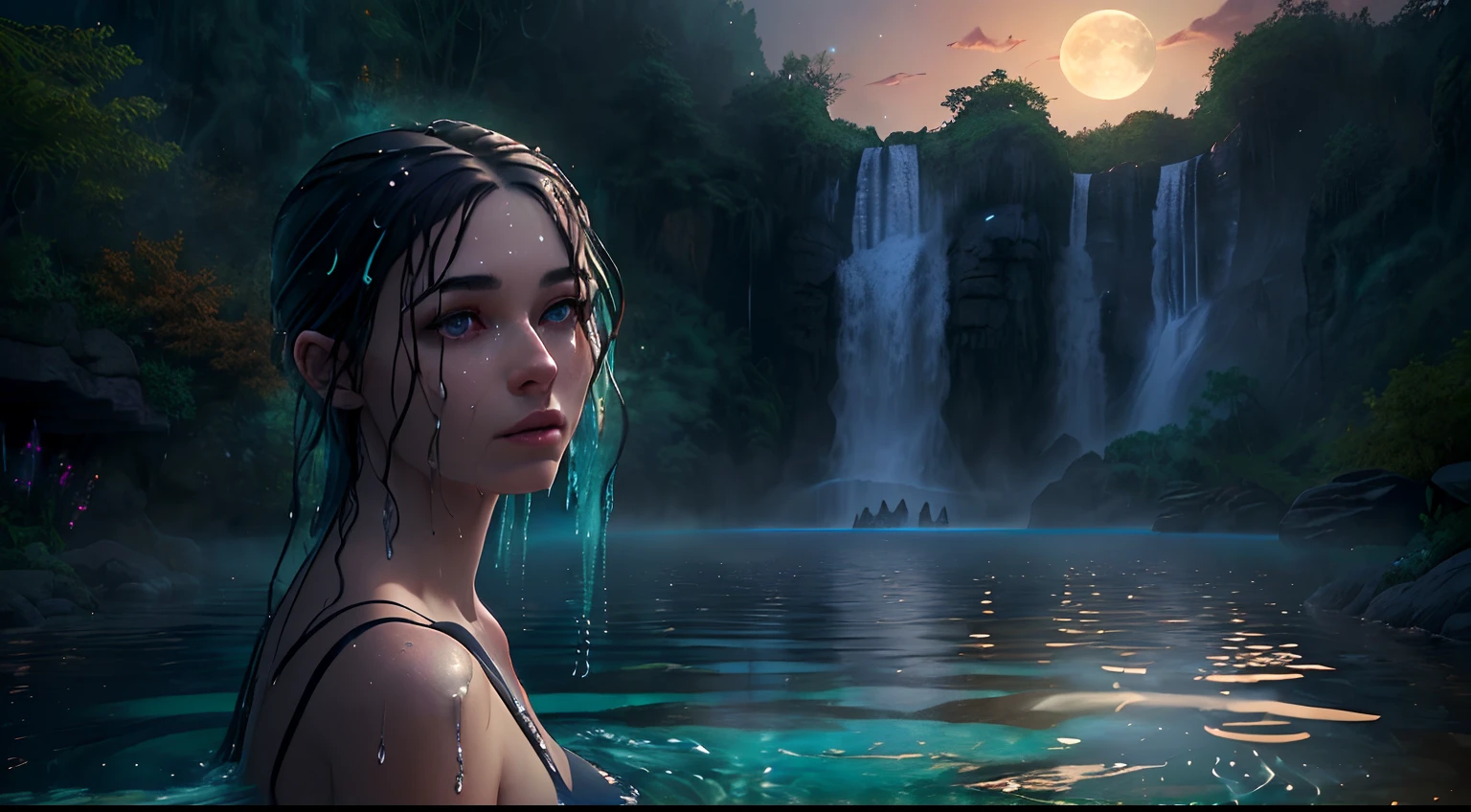 high details, best quality, 16k, RAW, [best detailed], masterpiece, best quality, (extremely detailed), full body, a view from the rear (best details, Masterpiece, best quality), ultra wide shot, photorealistic, fantasy art, RPG art, D&D art, a picture of a woman swimming in a pool by a waterfall at night, [extremely beautiful woman], ultra detailed face (best details, Masterpiece, best quality) black hair, long hair, wet hair, pale skin, look of serenity, ultra detailed face (best details, Masterpiece, best quality), dynamic eyes color, big waterfall and pool in forest clearing, candles lit around the natural pool, candles being reflected in the pool (best details, Masterpiece, best quality), fantasy night, moon, stars, fantasy night scenery, sense of serenity, atmosphere of tranquility, High Detail, Ultra High Quality, High Resolution, 16K Resolution, Ultra HD Pictures, 3D rendering Ultra Realistic, Clear Details, Realistic Detail, Ultra High Definition