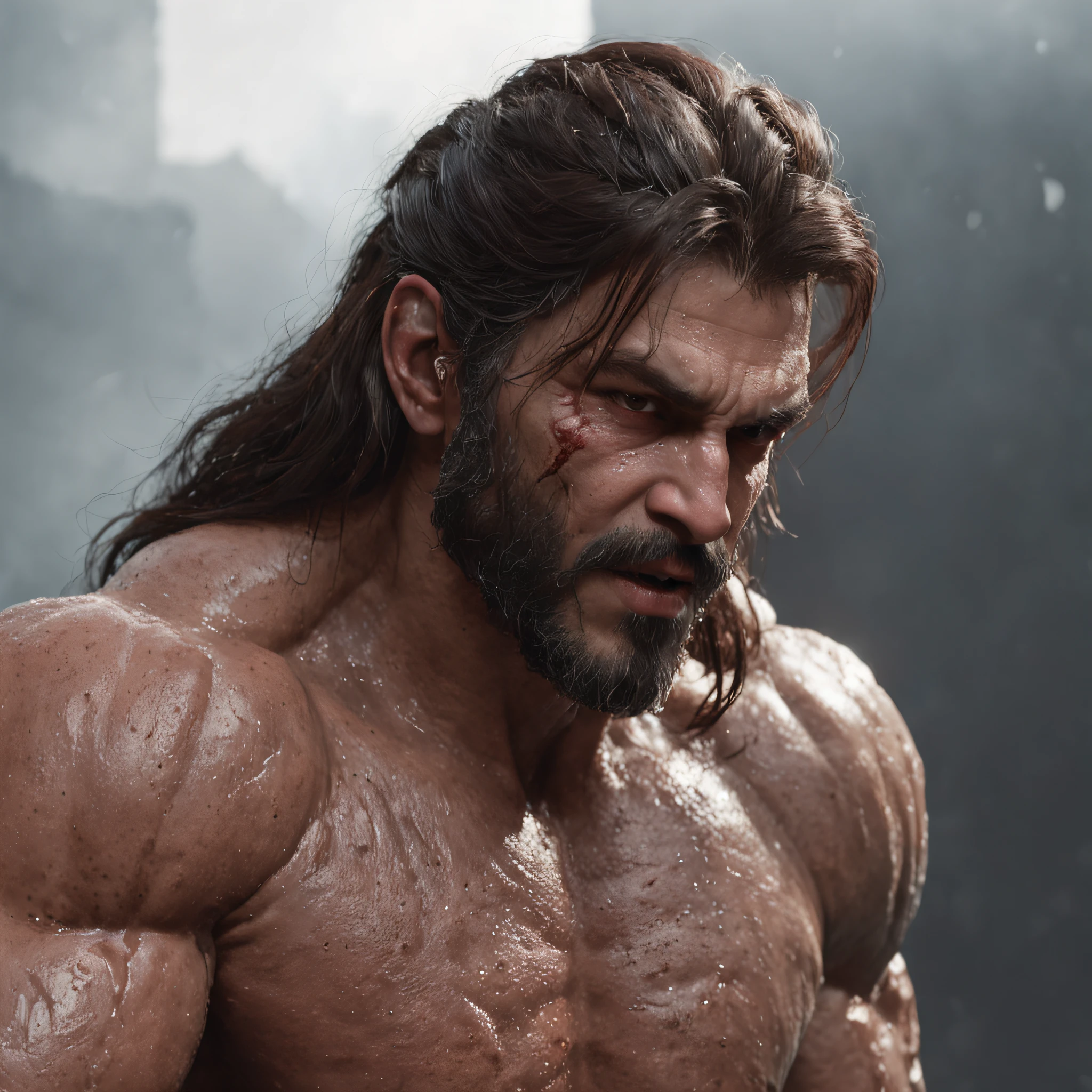 (professional 3d render:1.3) af (Realistic:1.3) most beautiful artwork photo in the world,Features soft and shiny male heroes, ((Epic hero fantasy muscle man rough wet hero angry look long hair short beard and ferocious expression in dynamic pose, Fantastic location, Majestic cluttered environment)), full body 8k unity render, action shot, skin pore, very dark lighting, heavyshading, Detailed, Detailed face, (vibrant, photograph realistic, Realistic, Dramatic, Dark, Sharp focus, 8K), (Old leather garments damaged by weathering:1.4), ((((Wear fur)))), (Intricate:1.4), decadent, (Highly detailed:1.4), Digital painting, rendering by octane, art stations, concept-art, smooth, Sharp focus, illustration, Art germ, (loish:0.23), wlop ilya kuvshinov, and greg rutkowski and alphonse mucha gracias, (Global illumination, Studio light, volumettic light), heavy rain, particles floating, lotr, fantasy, elf, full bodyesbian, ((Dark and ancient city background:1.3)),CGSesociety,art stations