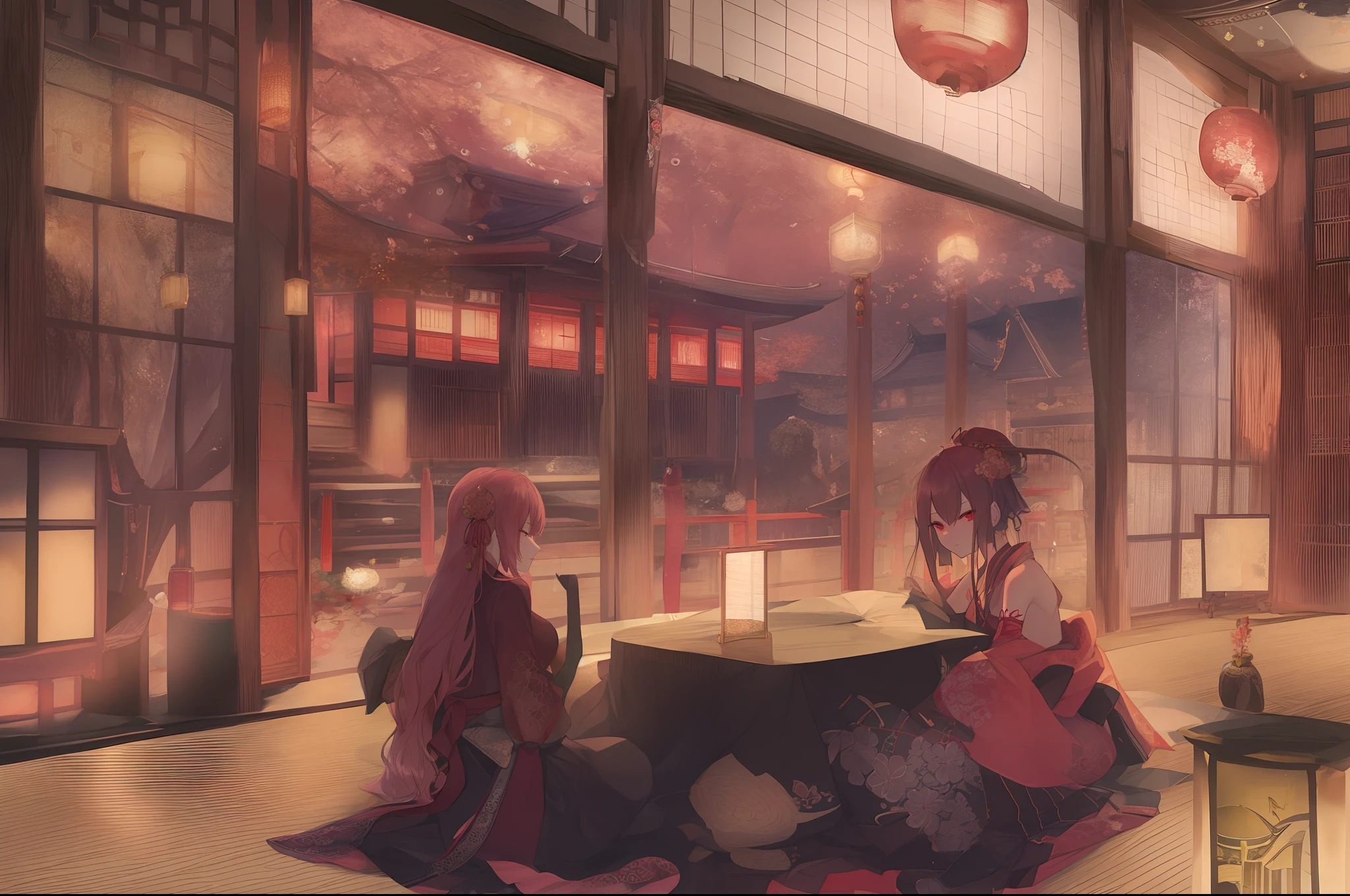 Yoshiwara, red-light district, courtesan, tattoos, slender, , ukiyo-e, Japanese painting, watercolor painting, vibrant saturation, omitting outlines, numerous tattoos, full back tattoo, thigh tattoos, sad expression, unfortunate, red eyes, lowered gaze, plump cheeks, innocent, girl, Japanese, 170 centimeters tall, 25 kilograms in weight, fair skin.Wooden Architecture: Brothel buildings were constructed using wood and incorporated traditional Japanese architectural styles. Roofs were commonly covered with tiles, and they featured the traditional roof shapes of Japan. Grand Entrances: The entrances of these buildings were elaborately decorated, often adorned with lavish embellishments. Lanterns and banners were used to attract attention to the establishment. Lattice Doors and Shoji Screens: Windows and doors were fitted with lattice doors and shoji screens, making it difficult to see inside from outside. This design ensured privacy and discretion. Interior Design: The interiors of the buildings were opulently adorned. The individual rooms for clients were partitioned with tatami-covered floors and shoji screens, featuring a characteristic Japanese-style decor. Gardens: Some brothels included small gardens where clients and courtesans could enjoy peaceful moments together. Signs and Curtains: Signs and curtains with the brothel's name and business information were hung outside the building. These helped passersby and customers identify the establishment. Please note that the historical context and cultural practices surrounding brothels have evolved over time, and the translation provided is based on the provided information.