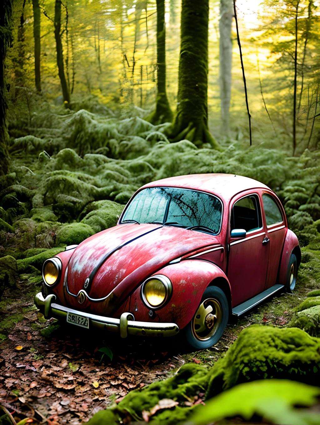 A haunting image of a decaying red VW beetle, its partially decayed remains covered in moss and lichen. The large, twisted, leaf-shaped structures beneath the insect resemble twisted rope, and the surrounding forest is bathed in a warm, golden light. The sun casts a warm glow on the scene, illuminating the decaying leaves, highlighting the vivid color and texture of the decaying wood. fast shutter speed, wide aperture, low light