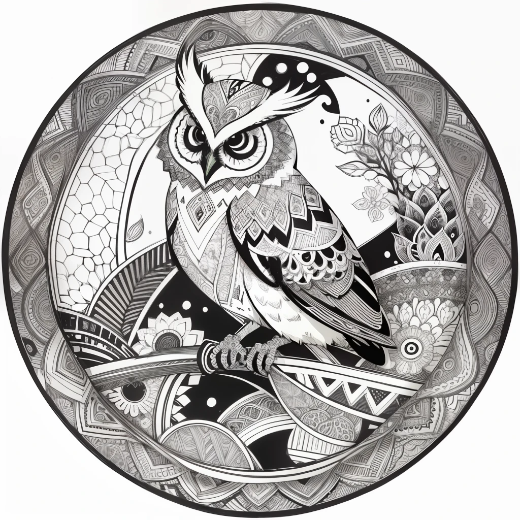 zentangle, fine line art, fine line drawing, coloring book illustratio style, vector art, white and black  graffiti illustration,owl, in the center, white and black colors, paint splashes and blots, Adobe Illustrator, high detail, whitebackground