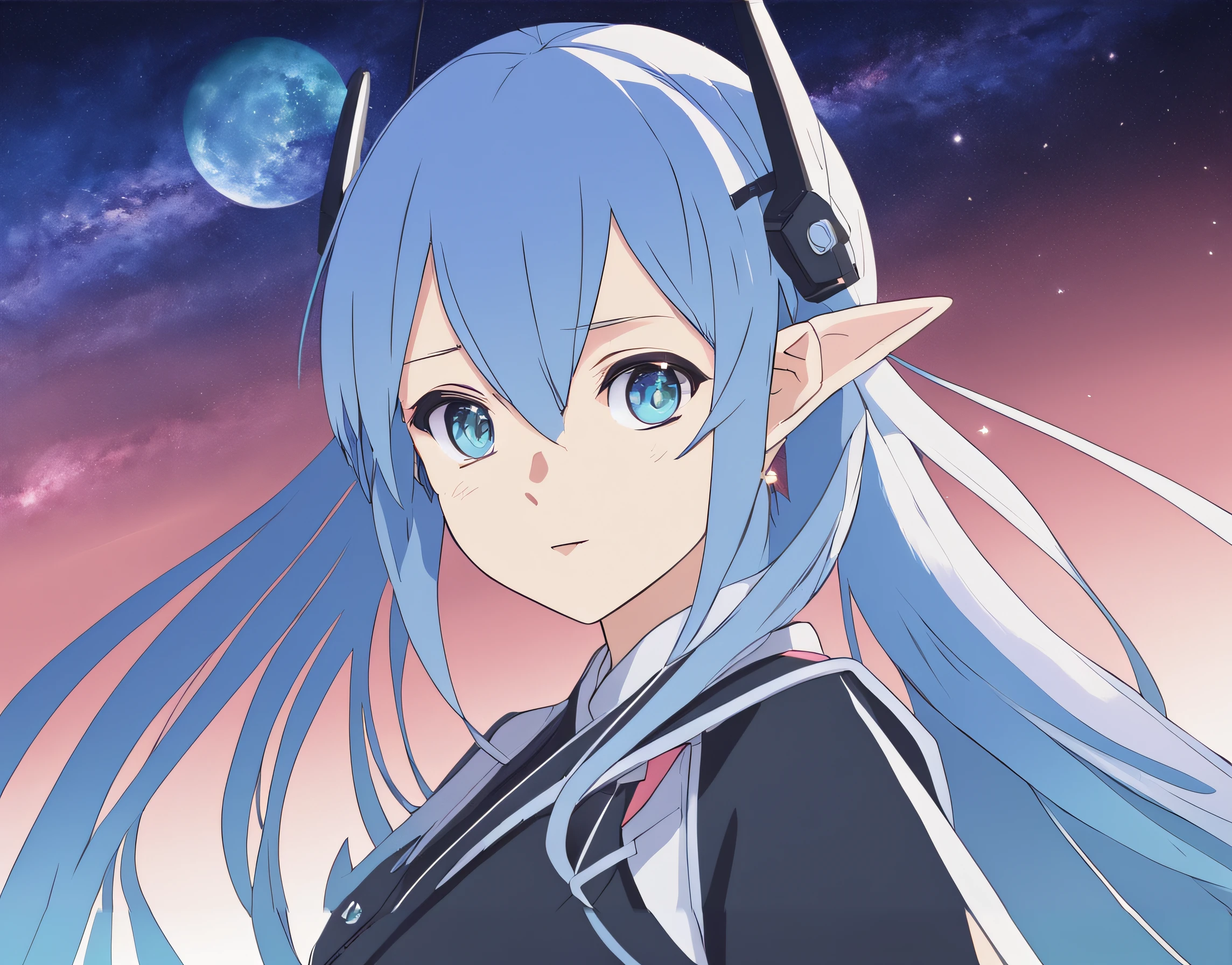 Anime girl with blue hair and sword before full moon, high detailed official artwork, Official anime artwork, As estrelas, Official artwork, portrait anime space cadet girl, anime visual of a cute girl, sao style anime, tsuaii, Hestia, offcial art, nightcore, official character art, Detailed key anime art, mikudayo, Also