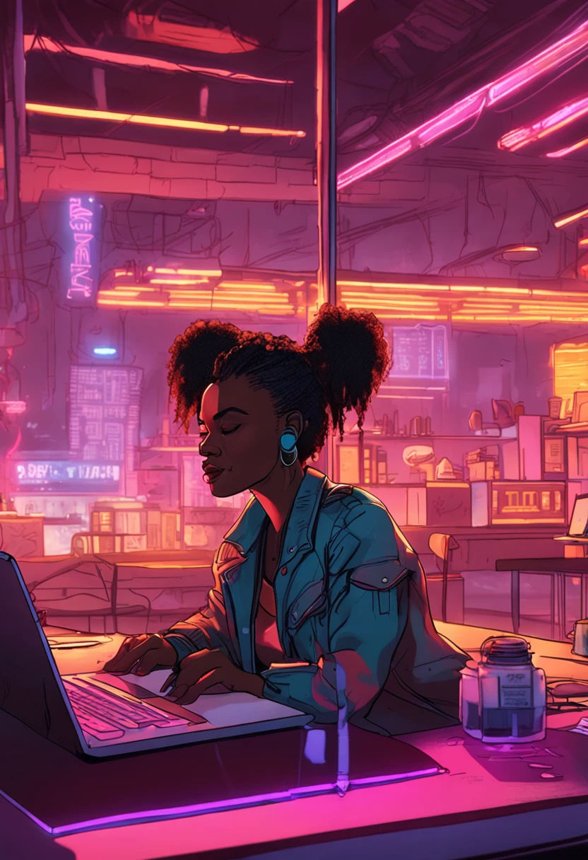 Close up of a single afro haired, (female) sitting at a table, looking at and tiping on a laptop, illuminated by vivid cyberpunk light . In the background as mall window with a view on the futuristic city in an old rusty an dusty kitchen with cyberpunk feel. On the table there are medicine pills bottle and ashtray. realistic wide shot.