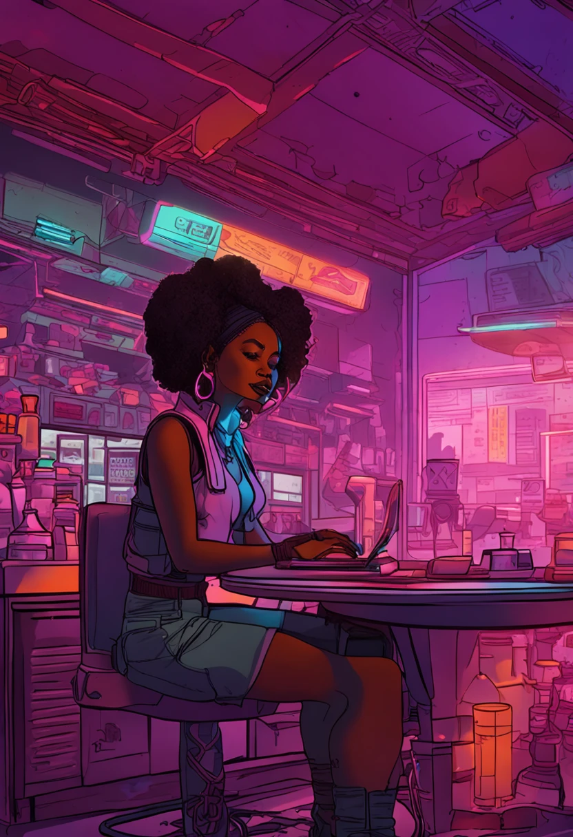 Close up of a single afro haired, (female) sitting at a table, looking at and tiping on a laptop, illuminated by vivid cyberpunk light . In the background as mall window with a view on the futuristic city in an old rusty an dusty kitchen with cyberpunk feel. On the table there are medicine pills bottle and ashtray. realistic wide shot.