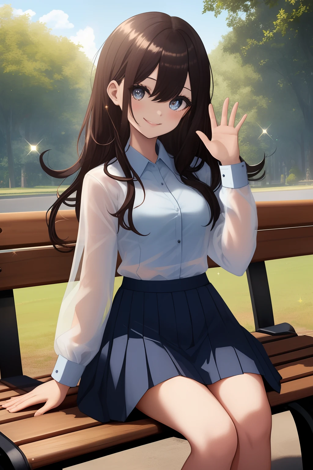 ((​masterpiece)), ((Top image quality)), 4K, Woman waving hand, Dark hair, long, big eye, (Sparkling eyes), cute smile face, White sheer shirt, Navy blue tight skirt, Depiction of the correct hand, park bench, Light shining