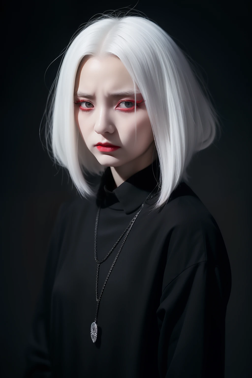 Red Eyes Black Clothes Evil Woman 2D Pure White Hair Color Sadness and loneliness,irate,Sick