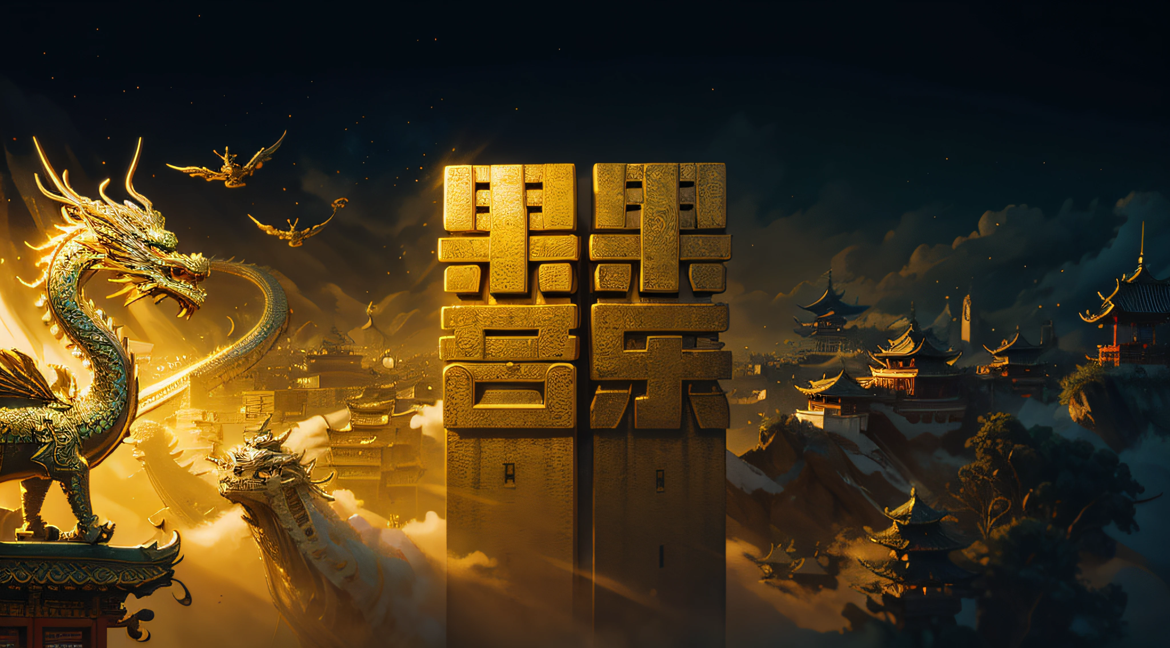 The flying dragon hovers over the Chinese-style building,gold,totem,tmasterpiece,Intricate patterns on the building,Emerald masonry dots,tmasterpiece,Best quality,ultra - detailed。