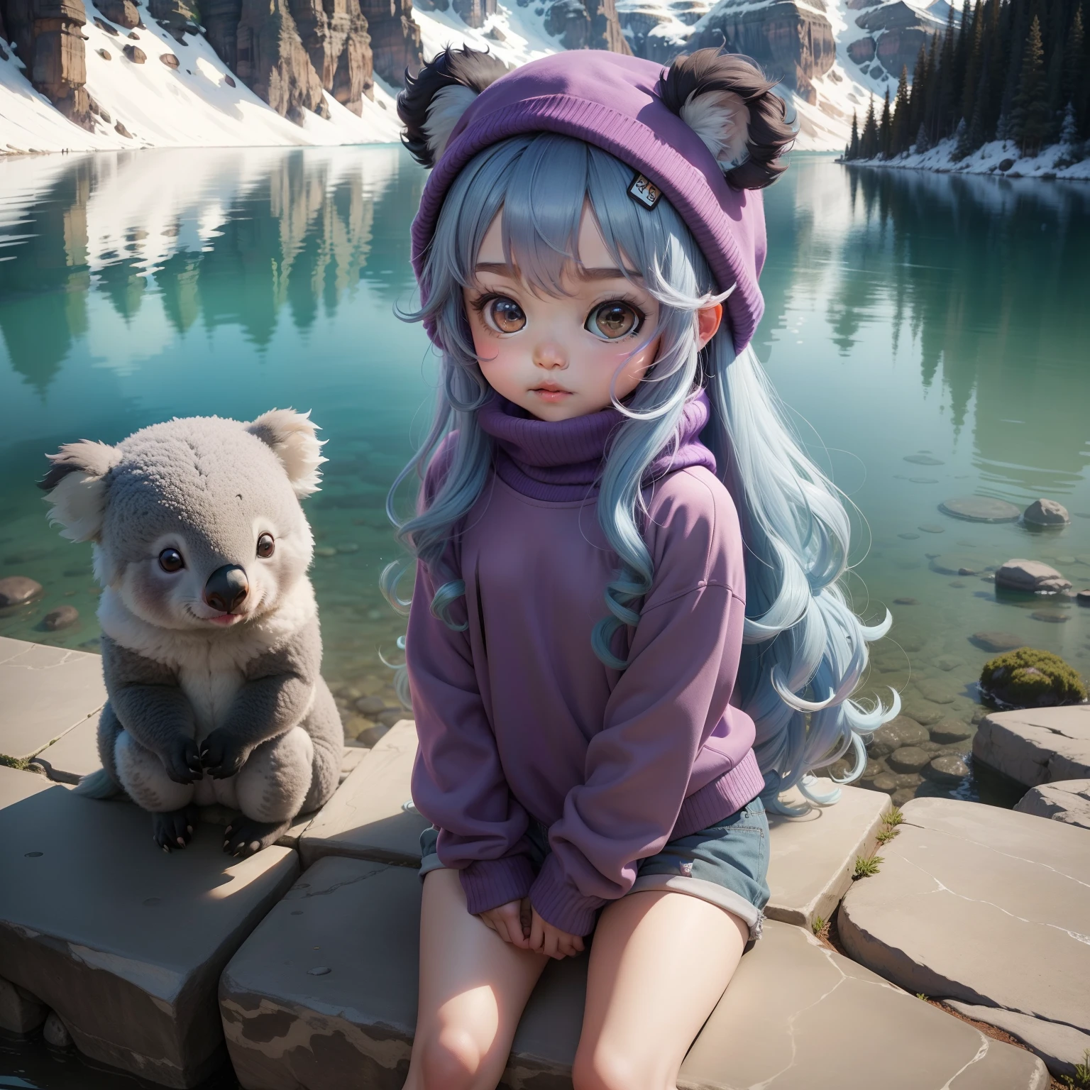 Cute Chibi Anime,koala,long curly blue hair,Turtleneck Knit,Purple Lame Shorts,Moraine Lake,Koalas eat eucalyptus