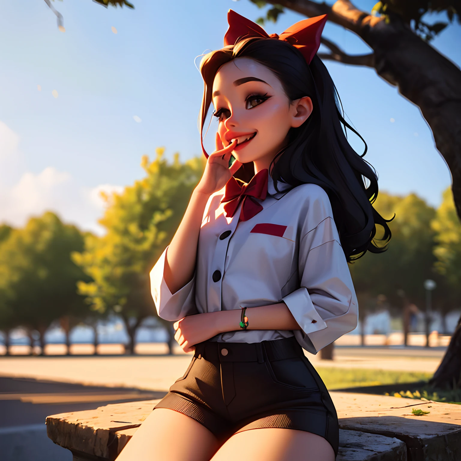 Super cute stylish little girl, Delicate makeup,Sit on a tree，Open your mouth and look happy，There is a red bow on the head。.3D, C4D, 8K, OC renderer, Best quality, Cinematic lighting, Light and dark contrast, Detail art, hyper HD, Cartoon star hair accessories