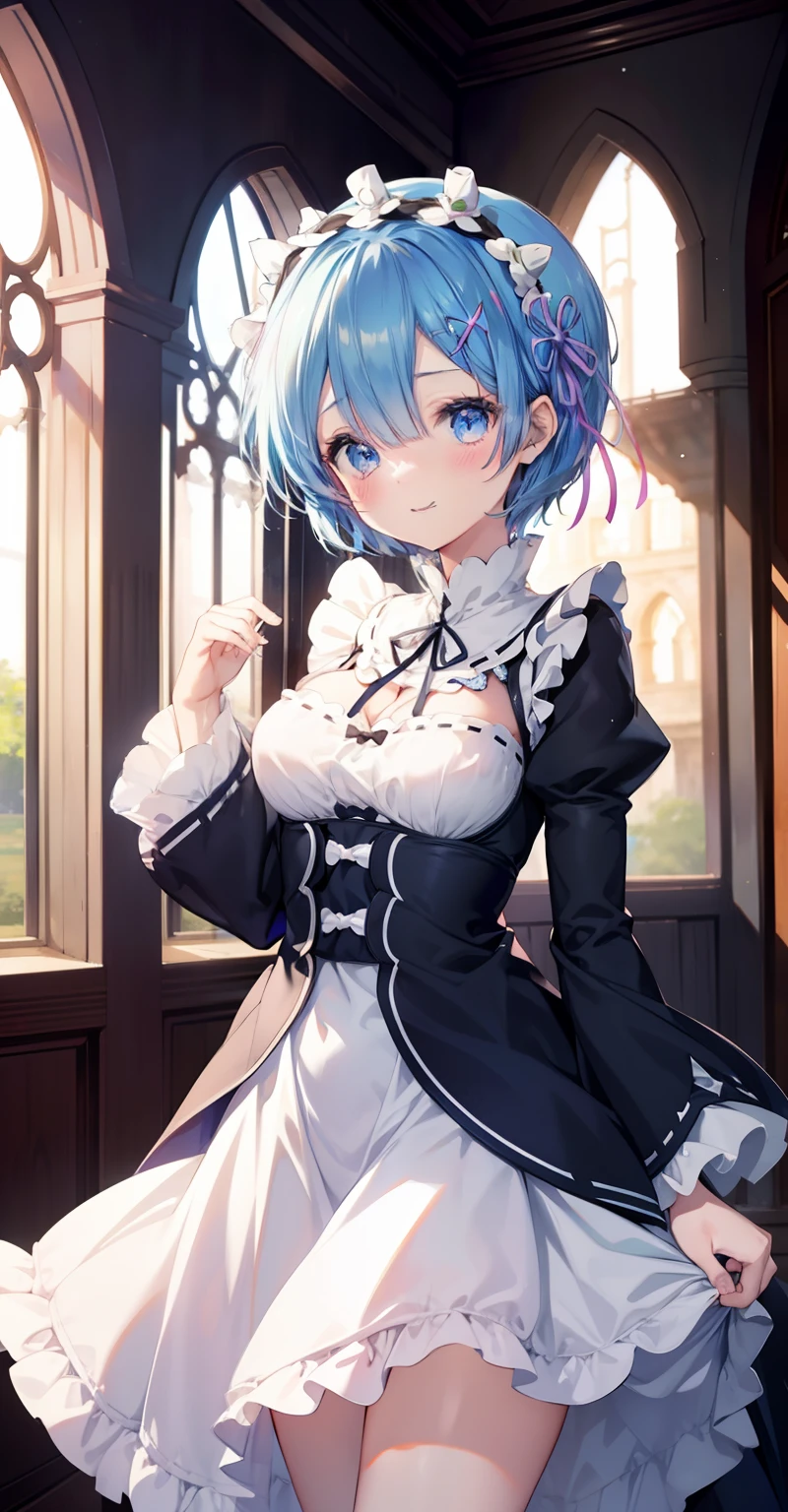 blue hair, rem \(re:zero\), [smile], blush, castle,, masterpiece, best quality, perfect lighting, 1girl, skirt, medium breasts,