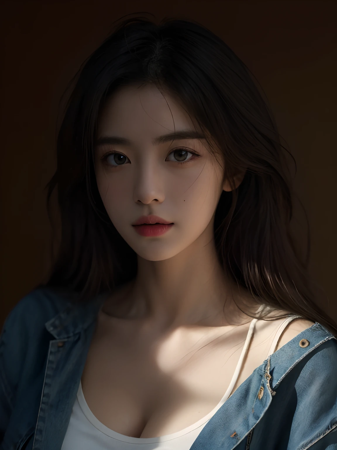 Best quality, masterpiece, ultra high res, (photorealistic:1.5), raw photo, 1girl, Jeans jacket unbuttoned, black tank top, in the dark, deep shadow, low key, cold light, sexy look, look 21 years old, look adult, brown eye, boobs, Half body portrait, brown background, long hair, Long brownish black hair, Slightly messy long hair , Curly eyelashes, Chinese-american face, Shoulder length hair