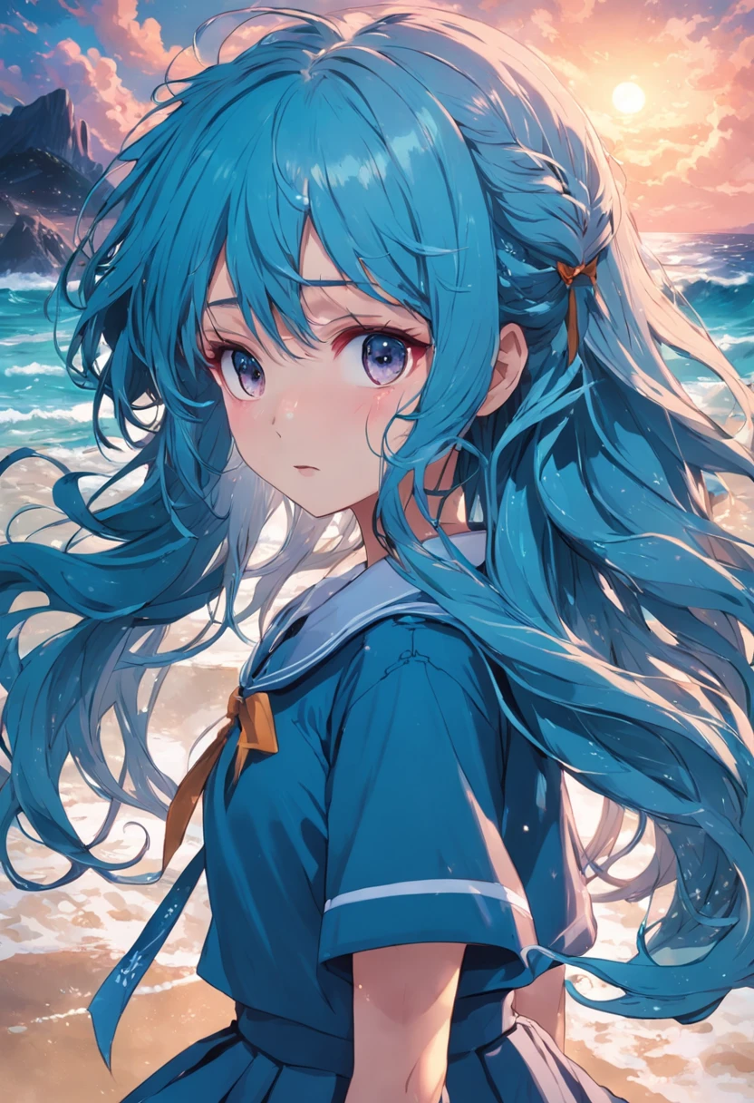 schoolgirls,(Blue wavy hair ends),Jellyfish hair style