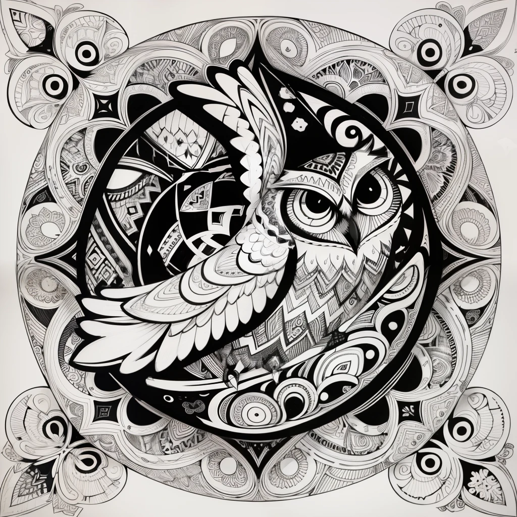 zentangle, fine line art, fine line drawing, coloring book illustratio style, vector art, white and black  graffiti illustration,owl, in the center, white and black colors, paint splashes and blots, Adobe Illustrator, high detail, whitebackground