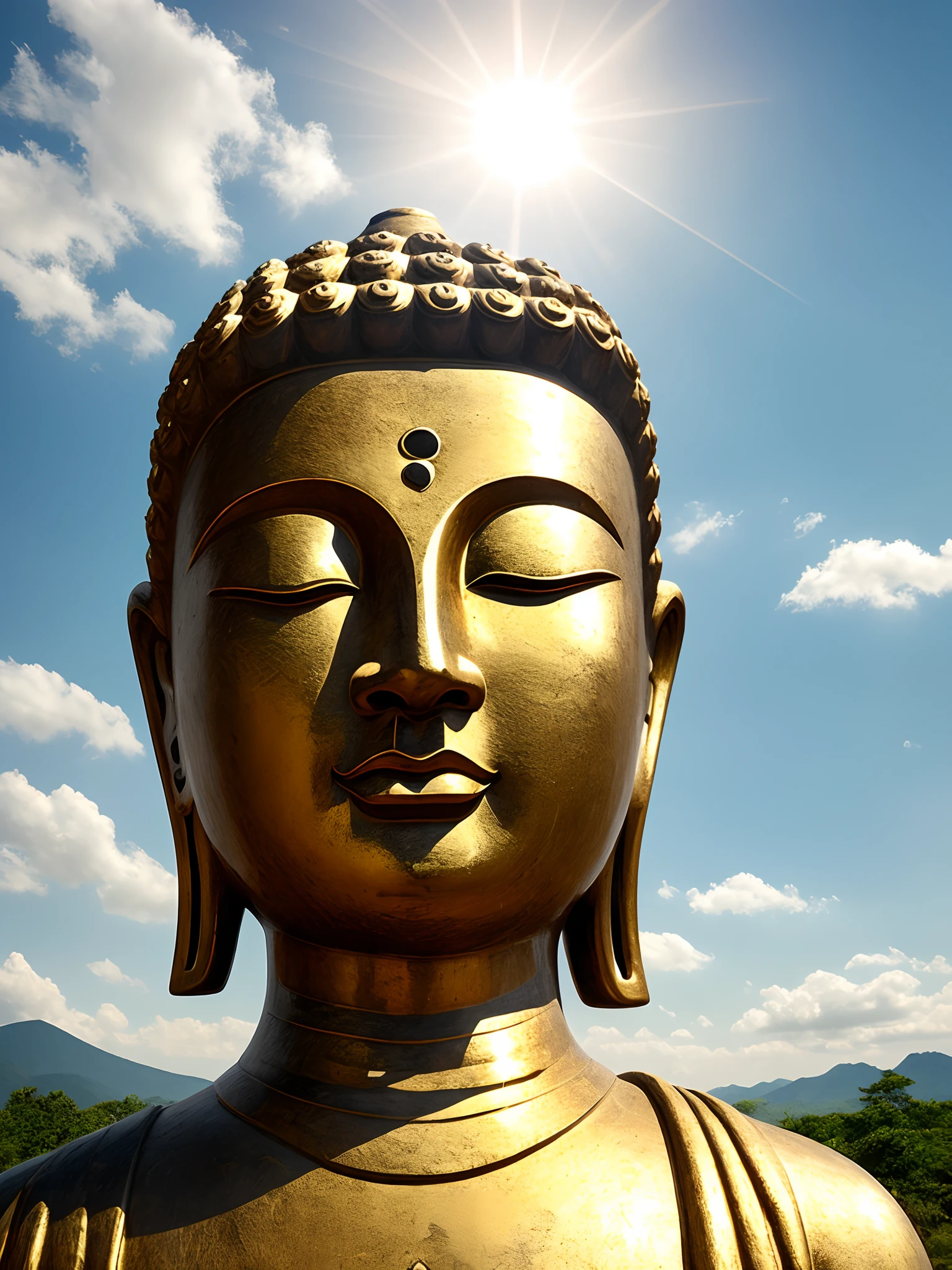 Thousand Hands Kannon, Buddha, Maitreya Bodhisattva,Maitreya,A golden Buddha statue sits on top of a lotus flower,1boy, Bald, dark-skin_Male, Facial_Hair, Fat, jewelry, Male_Focus, necklace, , Solo