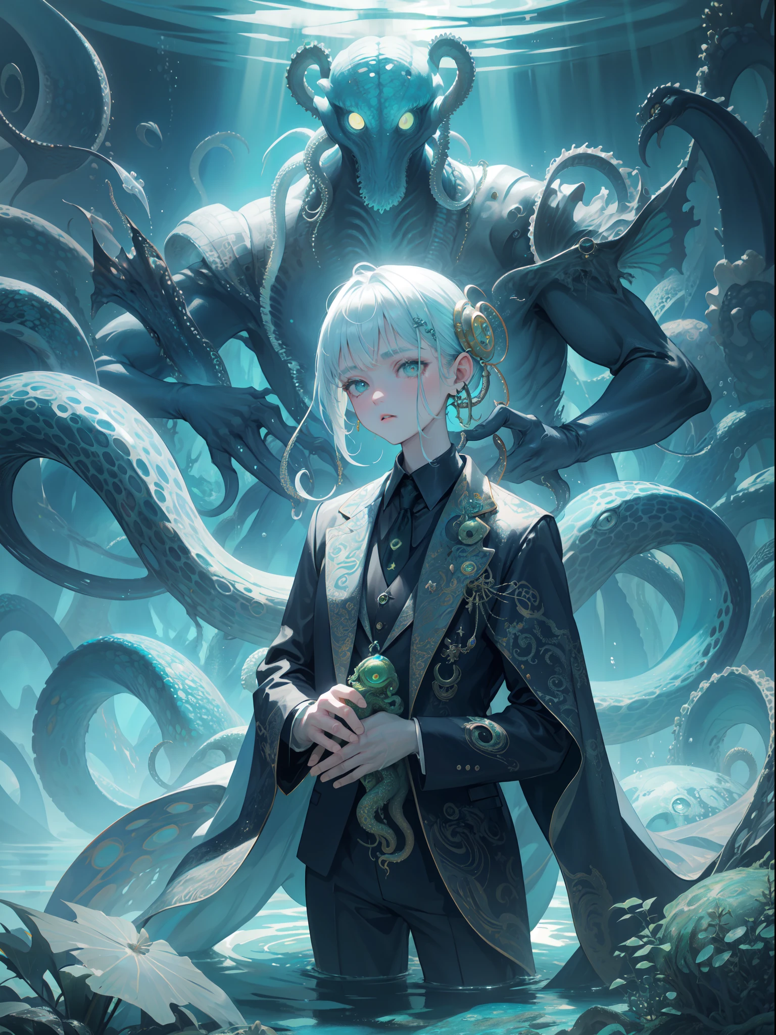 Cthulhu,Monster,tentaculata,A polluted underwater world,Gloomy picture,Nuclear contamination,(Face:1.35)sarcoma, laser