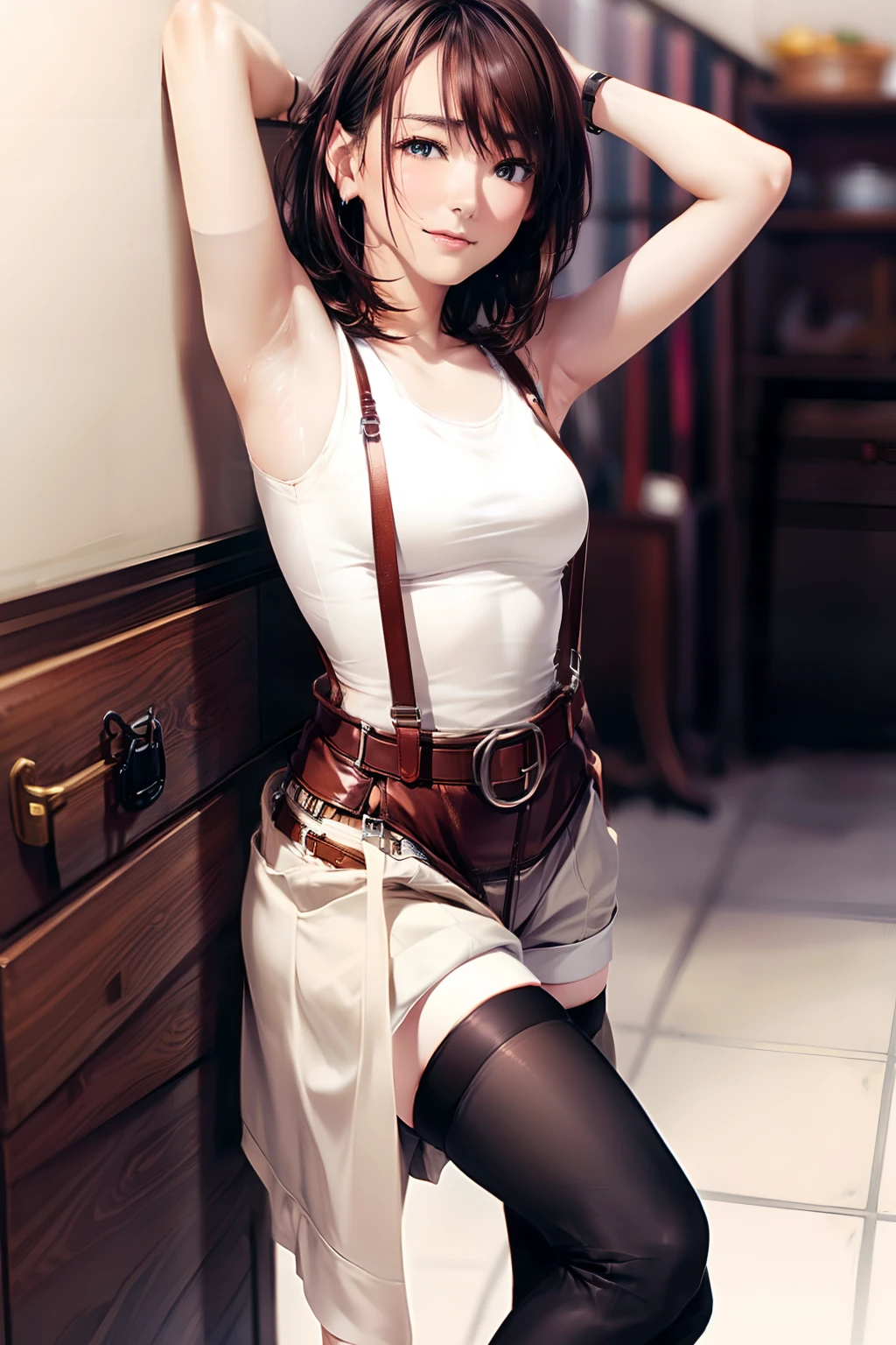 Women with short brown hair wearing tank tops and suspenders and tight clothing,Pair it with gray eyes and leg suspender stockings,There is no expression on the face,With handcuffs,There is also an image of a belt and sweat under the armpits。