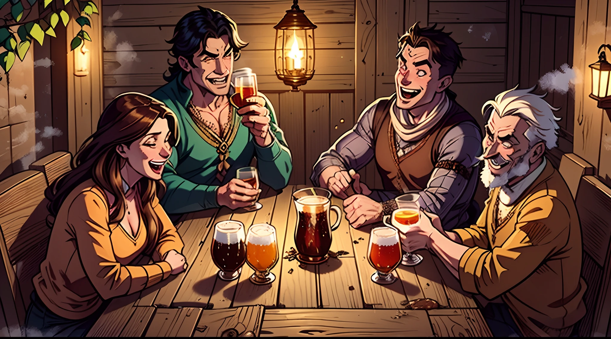 Amidst the flickering torchlight of a medieval tavern, a diverse group of adventurers gather around a sturdy wooden table. Tankards of frothy ale and steaming mulled wine clink together as laughter and camaraderie fill the air. Tell the tale of their boisterous night, where tales of quests, monsters, and treasures flow as freely as the drinks