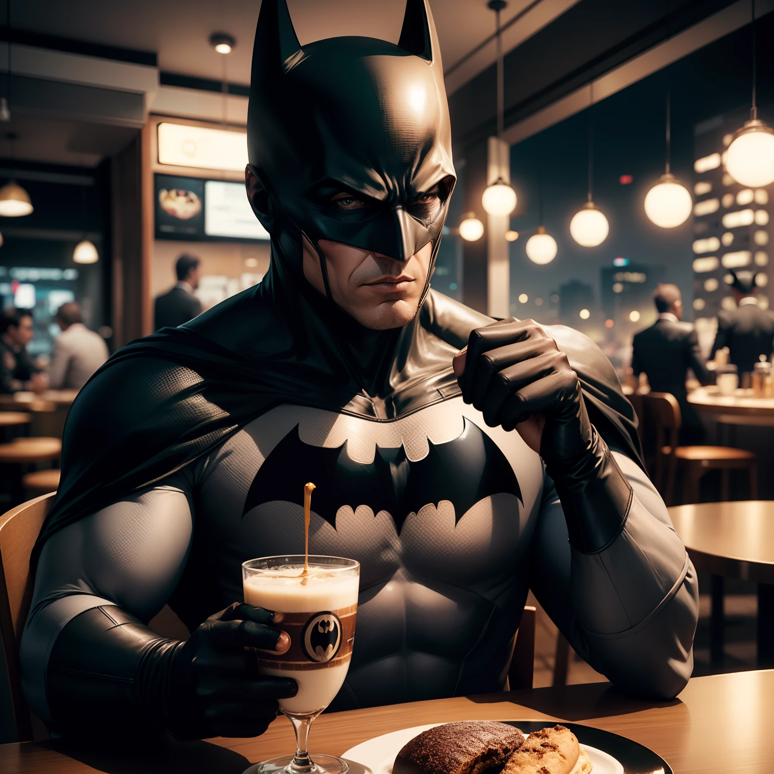 O Batman tomando cafe no Brooklin ultrarealista