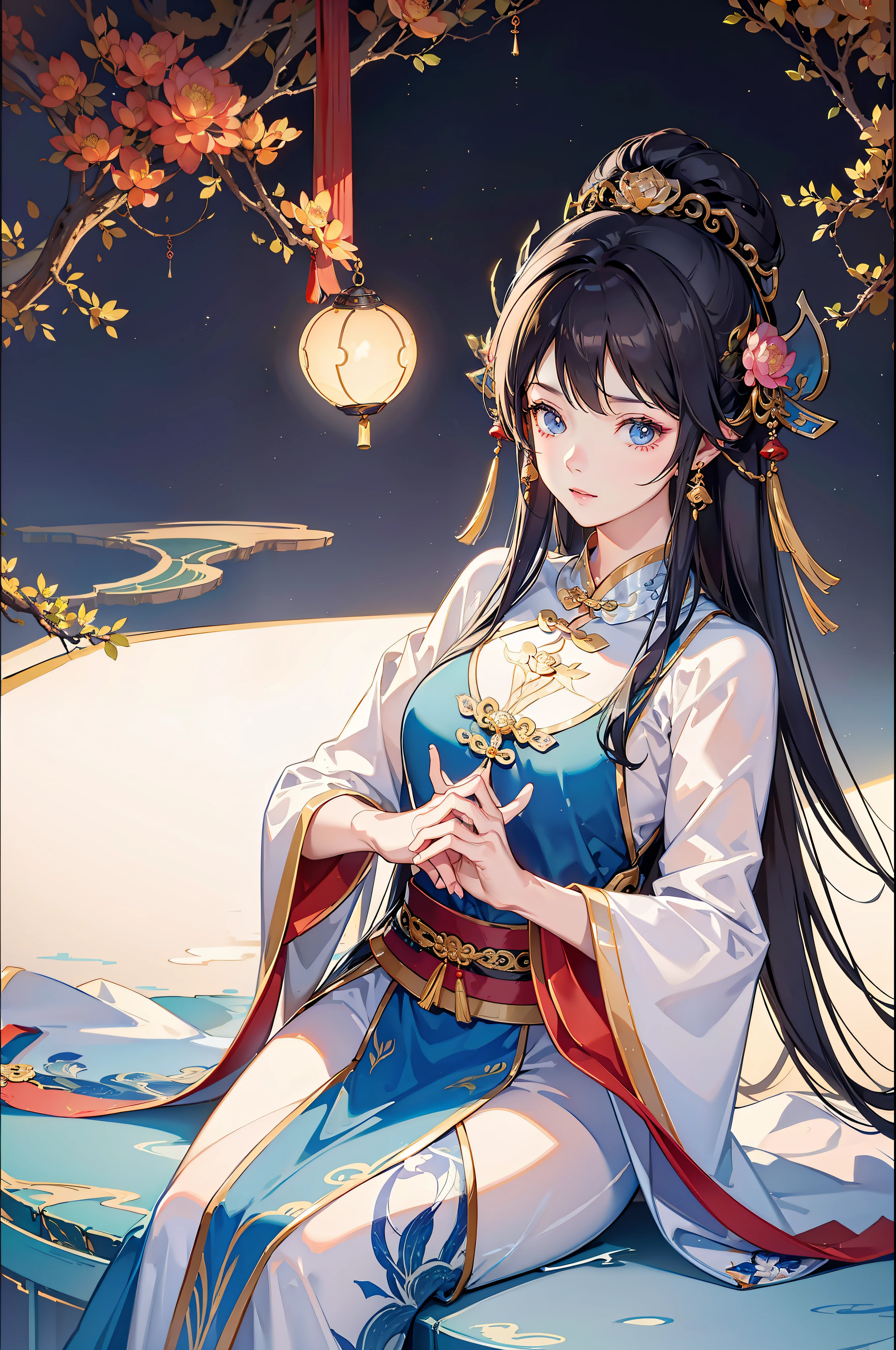 Ancient Chinese beauties sit on stones,wearing ancient Chinese costume,(Fan 1 in hand.4),Flowing tulle,Light silk,Lazy posture,large lotus leaf,lotuses,Ink painting style,clean color,Decisive cut,Leave white space,impressionistic,tmasterpiece,ultra-detailliert,Epic composition, high qulity, HighestQuali, 4k --v 6