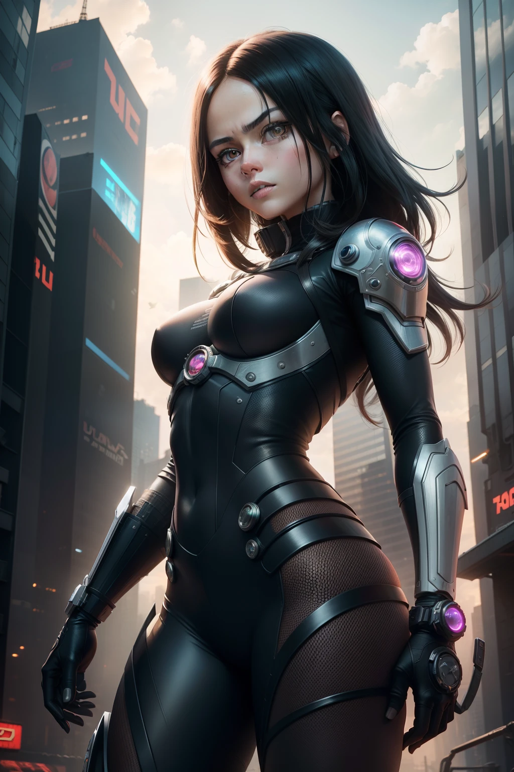 New York, time square, Alita, known as "Battle Angel", is the main character of the manga "Battle Angel Alita" created by Yukito Kishiro. She is a fearless cyborg with a mysterious past and exceptional combat skills. Endowed with great curiosity and compassion, Alita explores the futuristic town of Scrapyard in search of her true identity. Her angelic face with wide, haunting eyes contrasts with her determination and lethal skills as she fights mechanical and human threats, evolving both emotionally and physically over the course of the series. Alita embodies the fusion of humanity and technology, exploring themes of identity, justice and self-discovery, (Best Quality: 1.0), (Ultra Highres: 1.0), highly detailed face and eyes, (Photorealistic: 1.2)