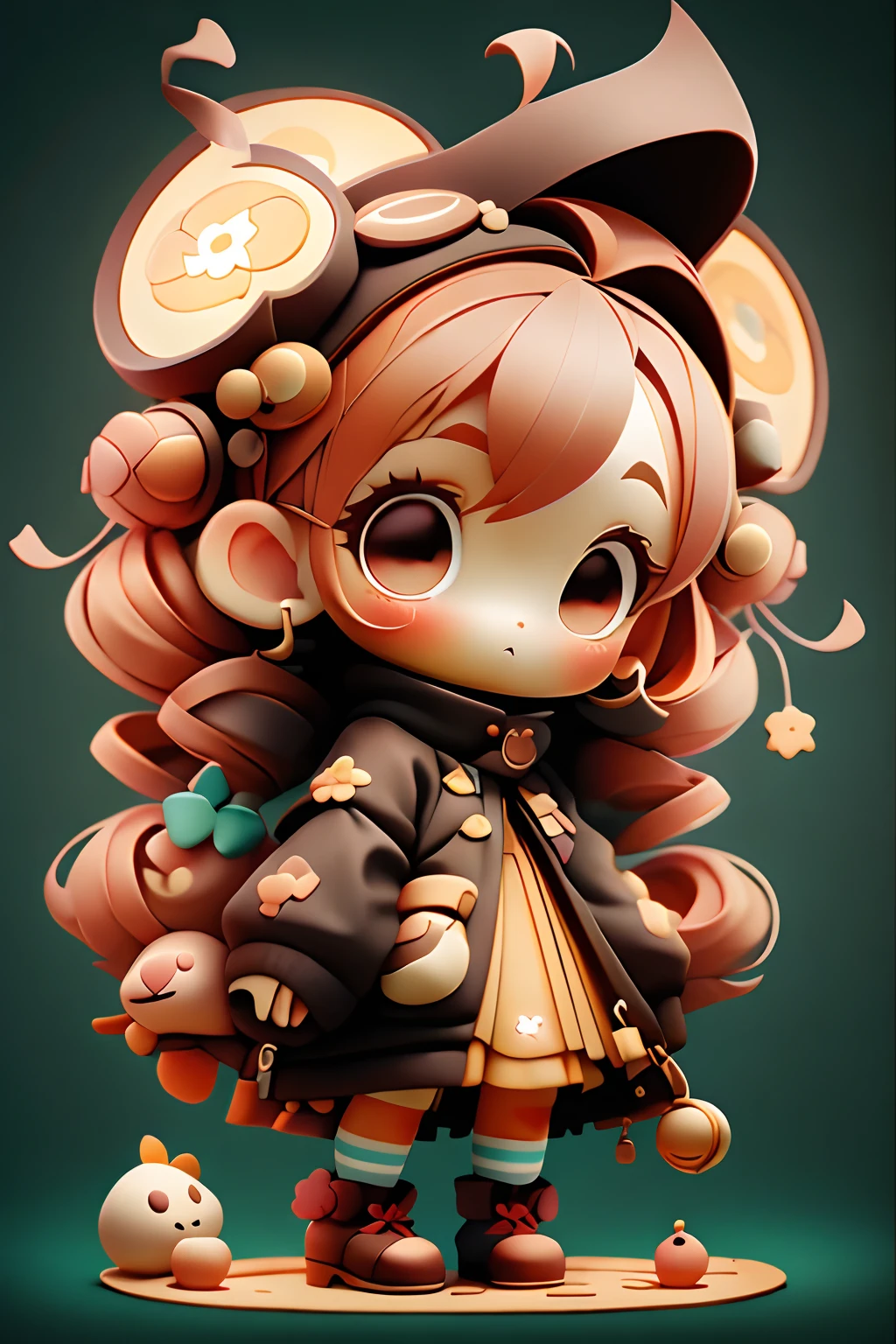 plastican00d, 1girl, chibi, amber, twin drills, medium brown, luxury fabrics, dithering, Far-reaching,looking at viewer, striped background
