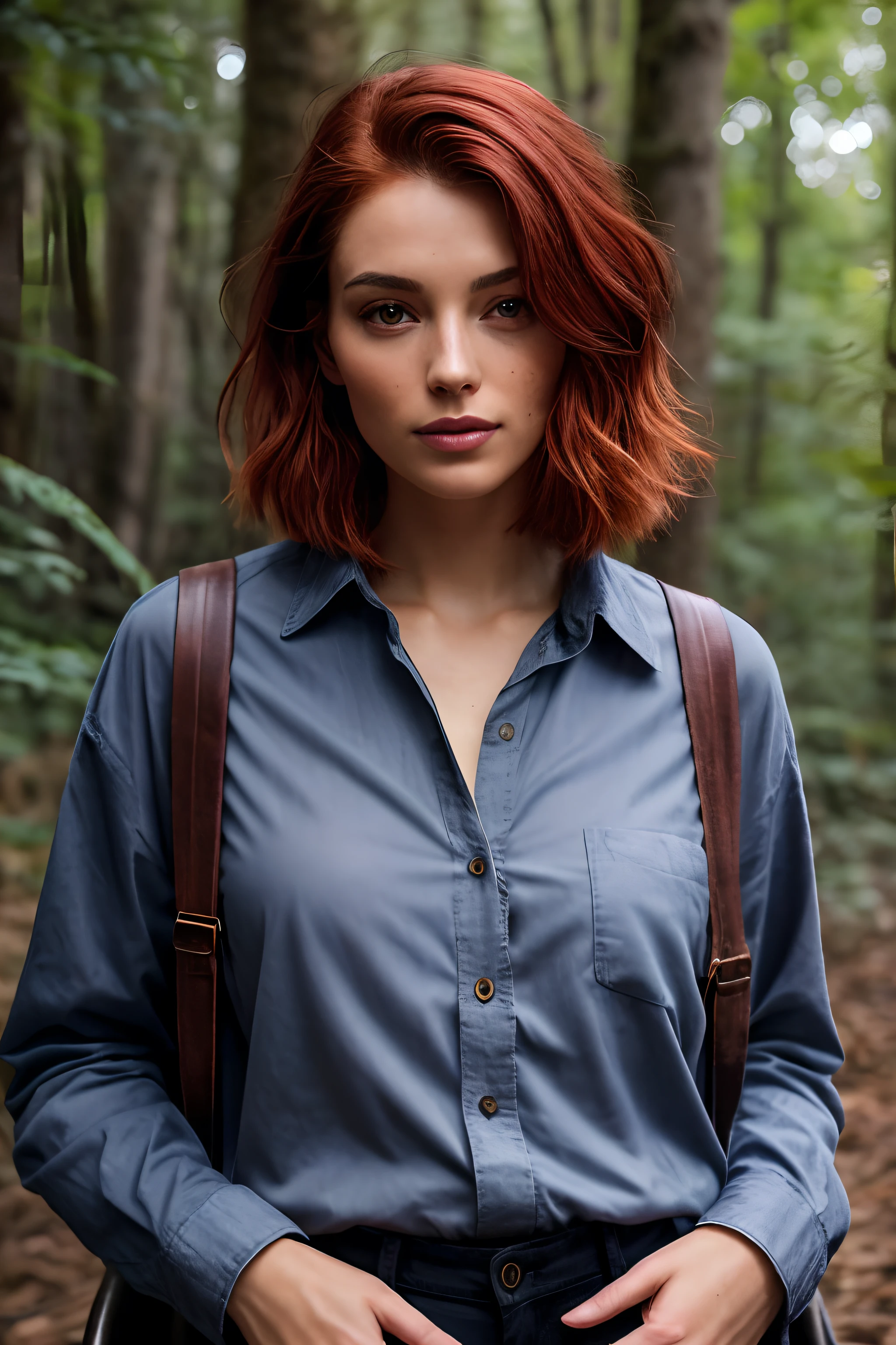 A photo of a pretty woman with loose red hair, posing in a forest, bored, She wears a button-down shirt and pants., mascara, , (textured skin, pores de la peau:1.1), (Taupes:0.8), (peau imparfaite:1.1) Intricate details, chair de poule, Visage impeccable, (light freckles:0.9), ((photoreallistic):1.1), (..RAW, 8k:1.2), Sombre, muted colors, Ambiance ardoise,