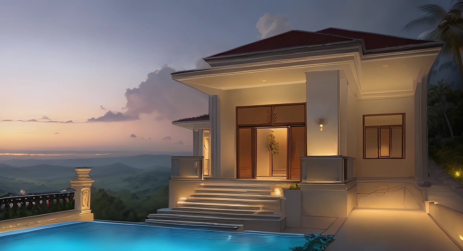 luxury villa in the hill, tropical landscape, neo classic