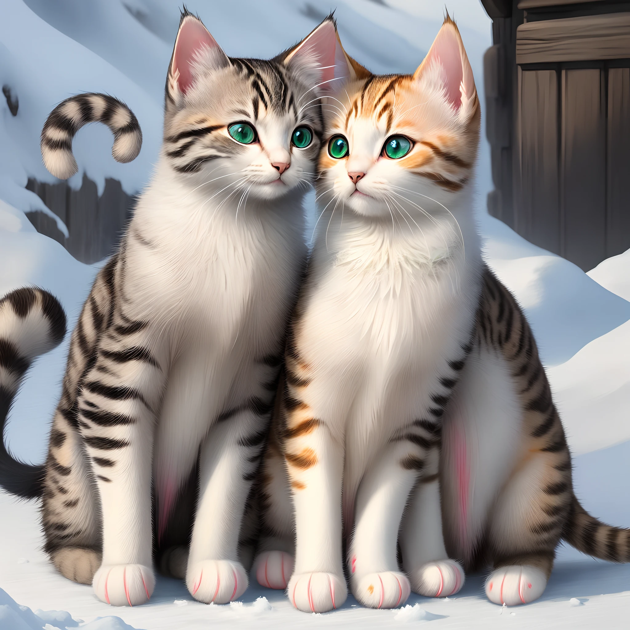 There is a lively and cute kitten。It wears snow-white clothes,Pointy ears,The eyes are shining like two emeralds,The tail is long,Amazing。