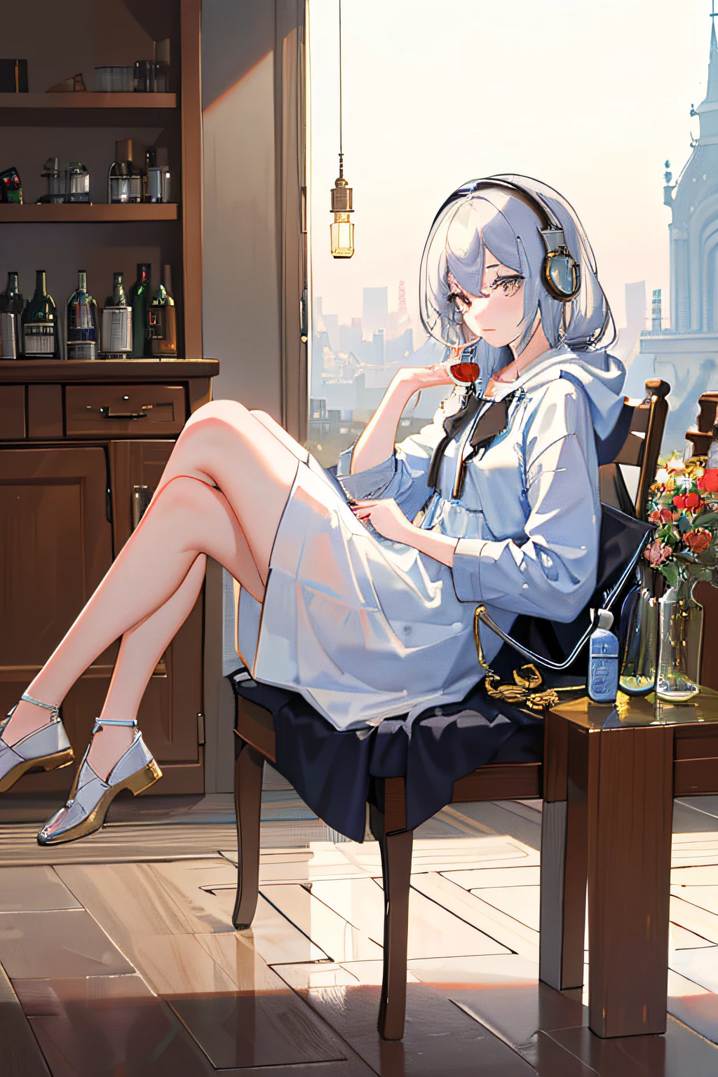 (masterpiece, sidelighting, ultra-detailed, fine detailed beautiful eyes: 1.2), 1girl, bag, building, from side, headphones, hood,Fall asleep with your knees in a glass bottle