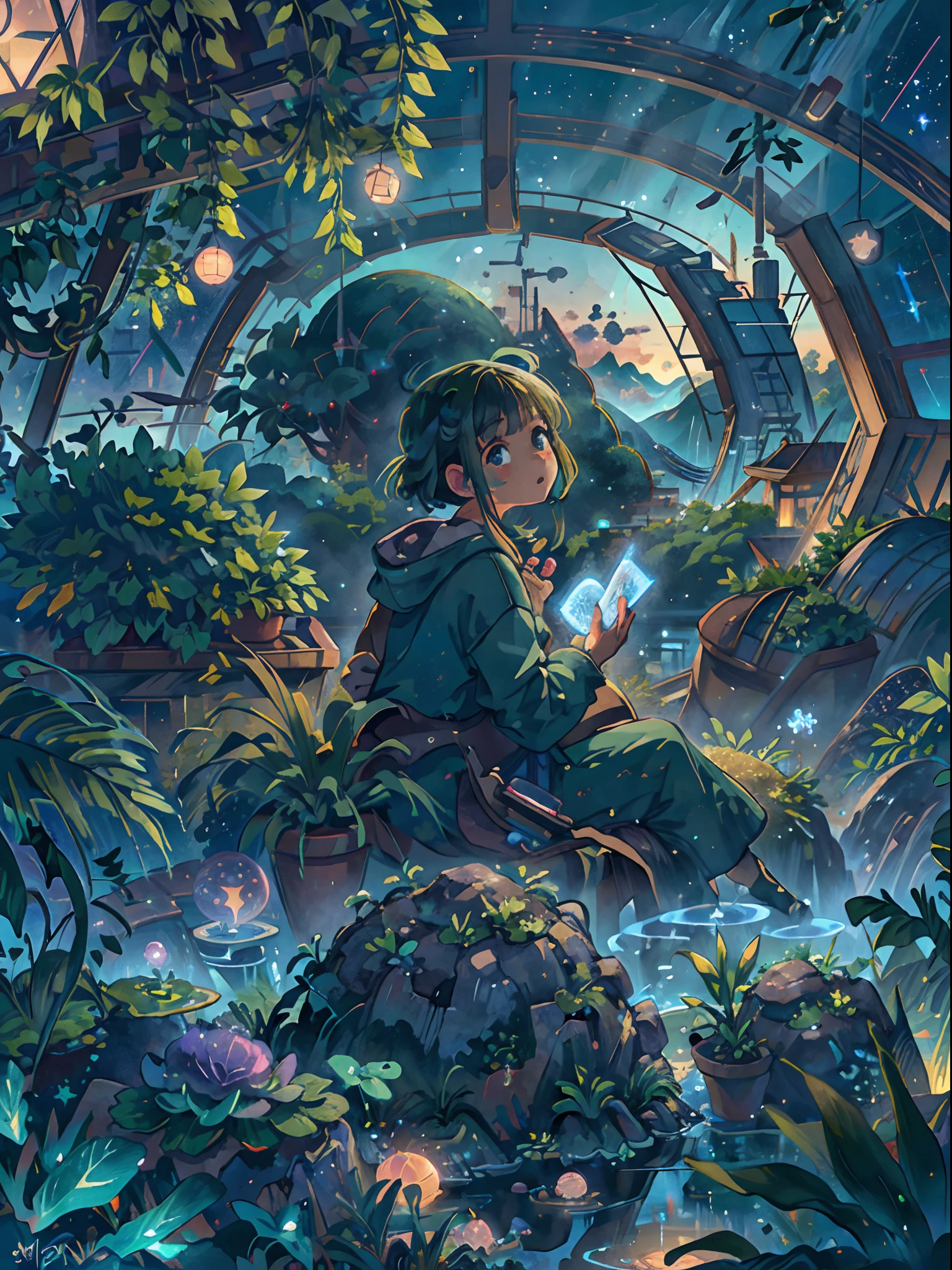 best quality, masterpiece, extremely detailed, detailed background, anime, 1girl, young girl, sci-fi, science fiction, outdoors, night, starry sky, greenhouse, megastructure, bio-dome, landscape, scenery, horizon, rooftop, sitting on rooftop, wind, looking away, atmospheric lighting, solo focus, close up, from side, depth of field, bokeh, lighting balls, floating ball, plants