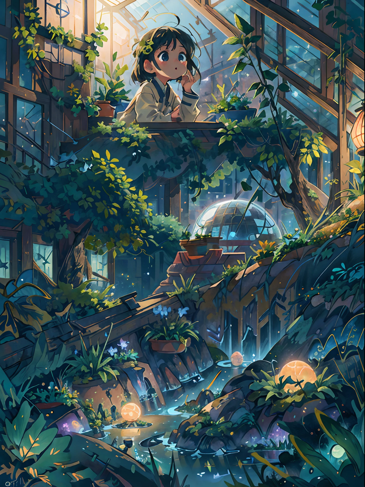 best quality, masterpiece, extremely detailed, detailed background, anime, 1girl, young girl, sci-fi, science fiction, outdoors, night, starry sky, greenhouse, megastructure, bio-dome, landscape, scenery, horizon, rooftop, sitting on rooftop, wind, looking away, atmospheric lighting, solo focus, close up, from side, depth of field, bokeh, lighting balls, floating ball, plants