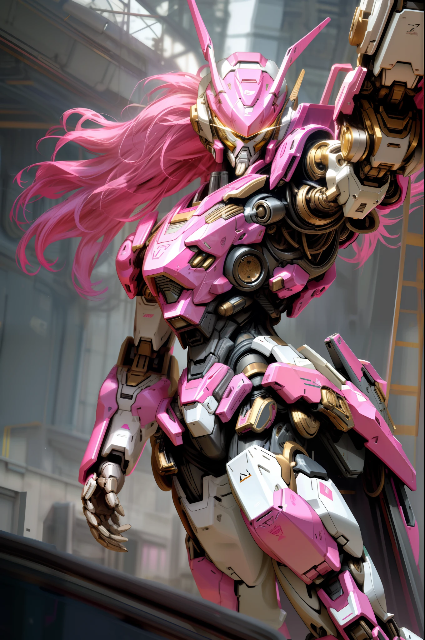 Pink Gundam, ((Best quality)), ((Ultra-detailed)), 1 high-tech robot, Mecha masterpiece, ((Pink color scheme)), elegant design, futuristic warrior, Dynamic pose, ((Mechanical joints:1.2)), Highly articulated, Streamlined body, Powerful armament, Glowing eyes, shinning armor, ((Metal finish)), Creative concept, First-class craftsmanship, Illuminated scenes, Urban background, Dramatic lighting, ((hdr:1.1)), Vibrant colors, Stunning visual impact, Mecha art, Sci-fi, Anime style, attention-grabbing, Hyper-realistic, Perfect proportions, 4K 分辨率, captivating presence.