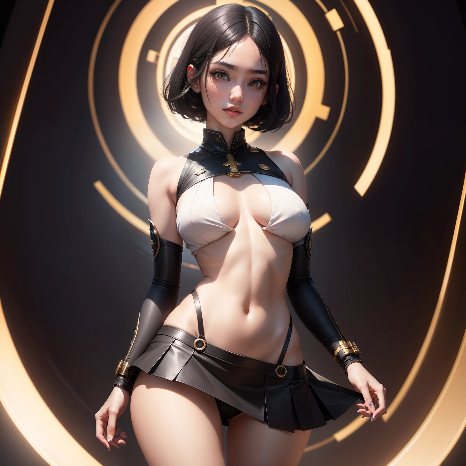 black hair, Golden pupils, White-colored skin。, Superskirt, a beauty girl, Surrealism, 8k, super detail