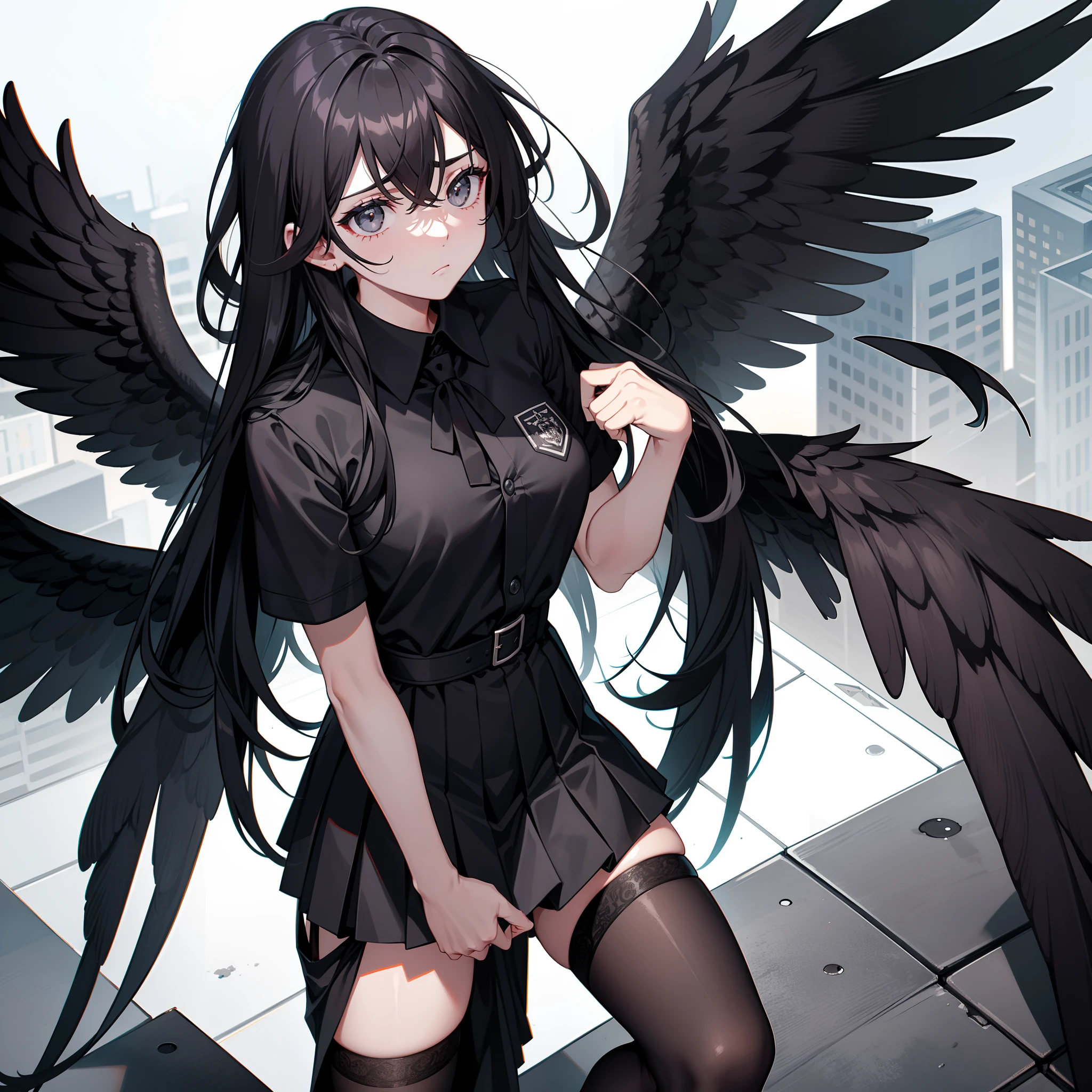 Black wings,cabelos preto e longos,Gray eye,black school uniform,Bandages are tied to his arms and legs,A sad look,Desperate eyes with big breasts,Look up slightly,Stand on the school rooftop