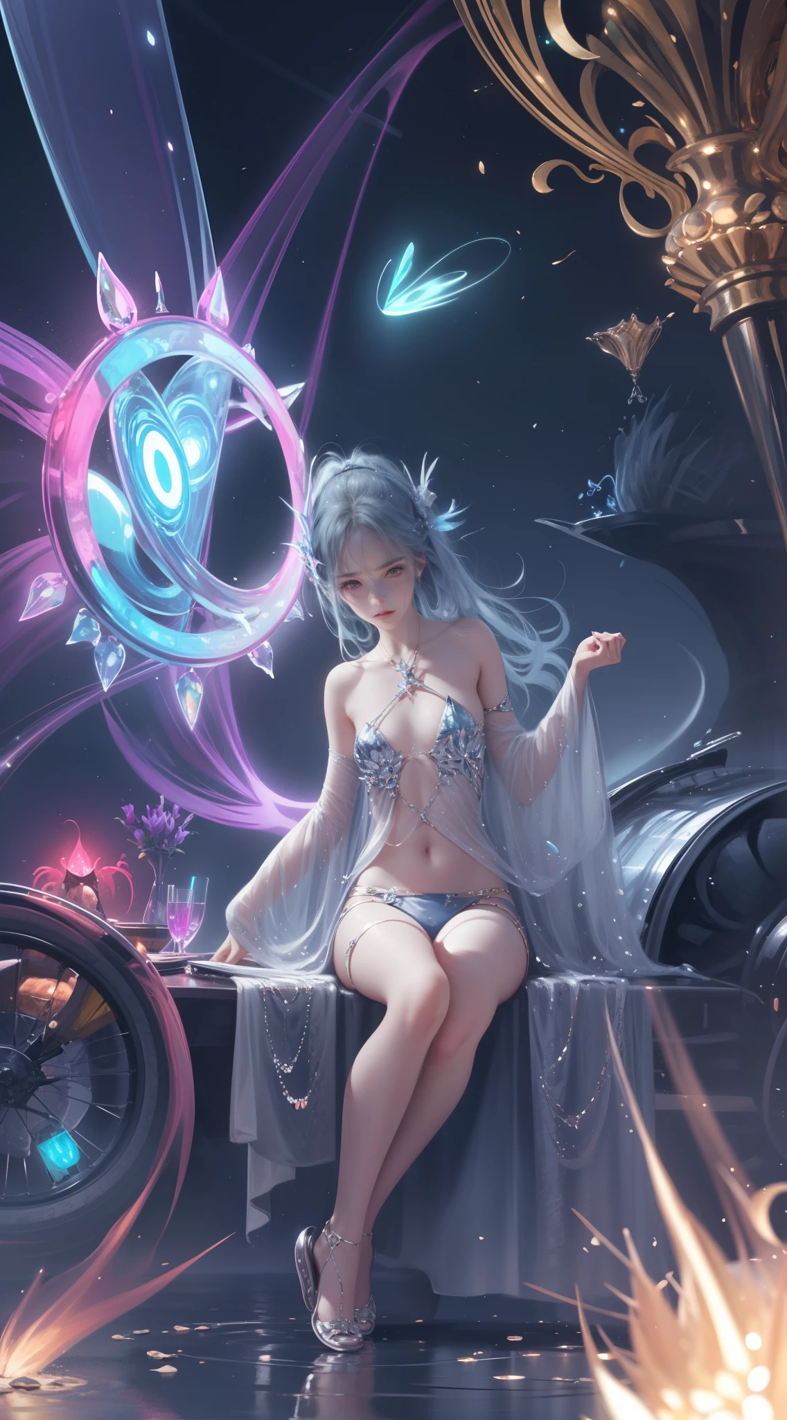 ((Bestquality)), ((A Masterpiece)), ((realisti)), portraits,1girle,full body portrait, celestial bodies, The god, a goddess, Light particles, Halo, looks at the viewer, Firm eyes, Bare Shoulders, Chest tube parietal, Poker face,(bioluminescense:0.9 girls 5)Ocean, bioluminescense, full of energy, colorful,,,,, colour, (bioluminescence, bioluminescence),(Beautiful composition), Cinematic Lights, Wheels within wheels, (symmetric:0.5 girls), Whimsical,
