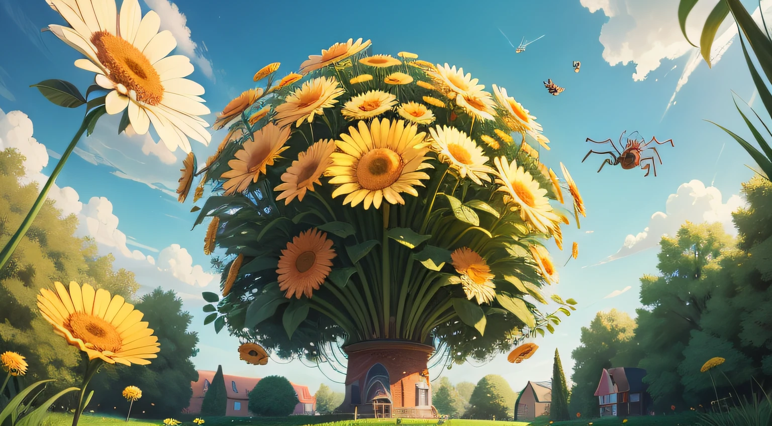 A vibrant and playful children's illustration style: a giant daisy with a brilliant web and a cute spider above it, set in a beautiful garden.