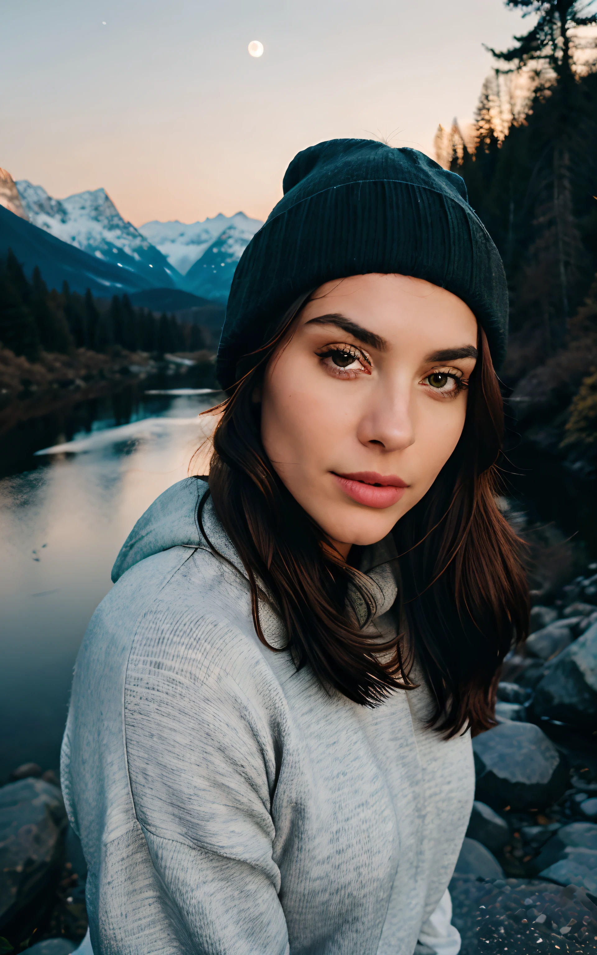 photorealistic, best quality, hyper detailed, beautiful woman, selfie photo, upper body, solo, wearing pullover, outdoors, (night), mountains, real life nature, stars, moon, (cheerful, happy), sleeping bag, gloves, sweater, beanie, flashlight, forest, rocks, river, wood, smoke, fog, clear sky, analog style, looking at viewer, skin texture, film grain, close up, ultra high res, best shadow, RAW, instagram LUT