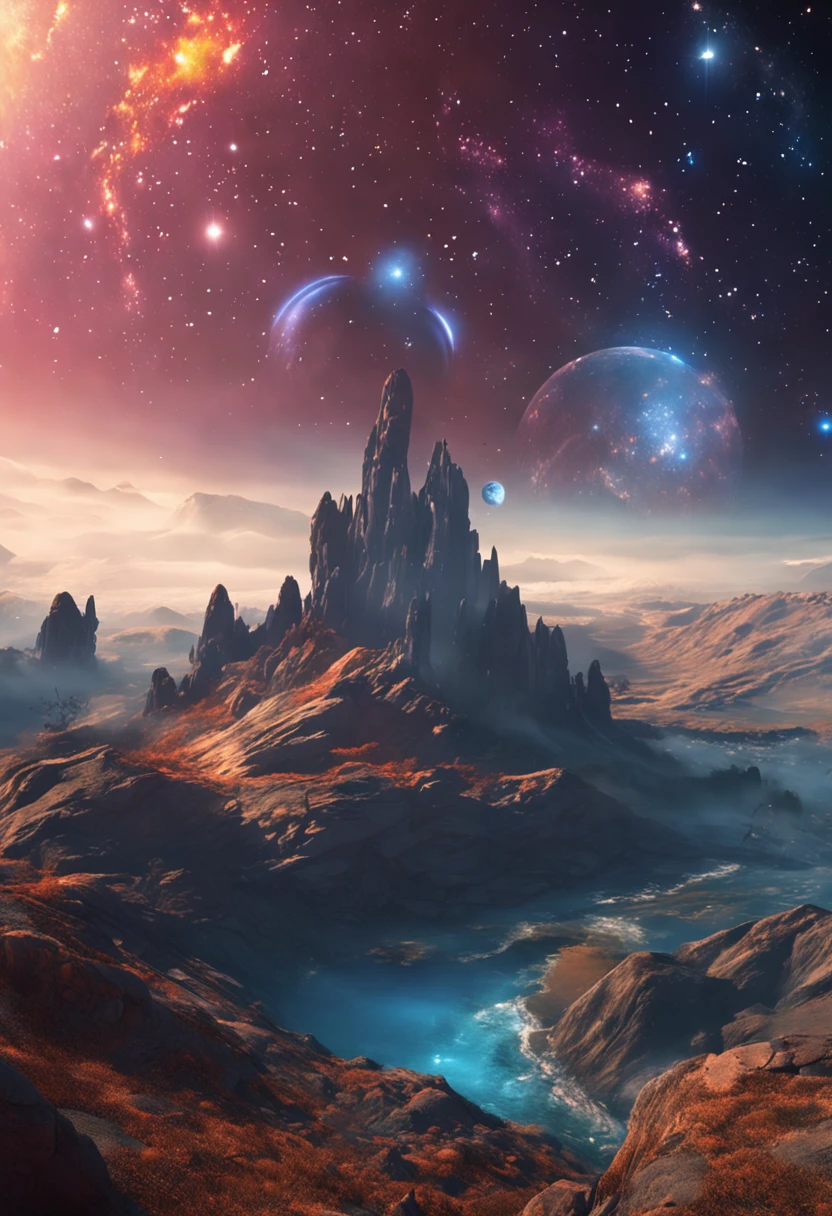 Craft an awe-inspiring landscape that stands as a (masterpiece) of the (best quality), encompassing (high quality) elements within an (extremely detailed CG unity 8k wallpaper). This scene features mesmerizing (Depth of Field) and (HDR), resulting in a (Photorealistic) depiction that's (extremely detailed) and (Intricate). Explore the wonders of the (universe), as (space) comes alive with swirling (galaxies), gleaming (stars), and enigmatic (planets). Dive into the realm of (astronomy), delving into the (cosmos) and its (celestial) beauty, including (nebulae), intriguing (black holes), and the enigmatic allure of the (solar system). Marvel at the interplay of (cosmic rays), the brilliance of (supernovae), and the secrets of (deep space), all within this mosaic of (astronomical objects)
