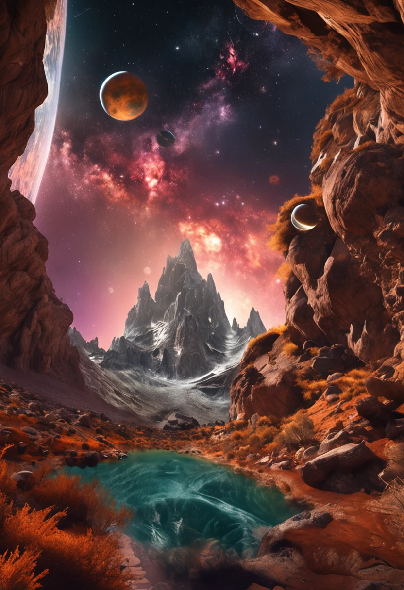 Craft an awe-inspiring landscape that stands as a (masterpiece) of the (best quality), encompassing (high quality) elements within an (extremely detailed CG unity 8k wallpaper). This scene features mesmerizing (Depth of Field) and (HDR), resulting in a (Photorealistic) depiction that's (extremely detailed) and (Intricate). Explore the wonders of the (universe), as (space) comes alive with swirling (galaxies), gleaming (stars), and enigmatic (planets). Dive into the realm of (astronomy), delving into the (cosmos) and its (celestial) beauty, including (nebulae), intriguing (black holes), and the enigmatic allure of the (solar system). Marvel at the interplay of (cosmic rays), the brilliance of (supernovae), and the secrets of (deep space), all within this mosaic of (astronomical objects)