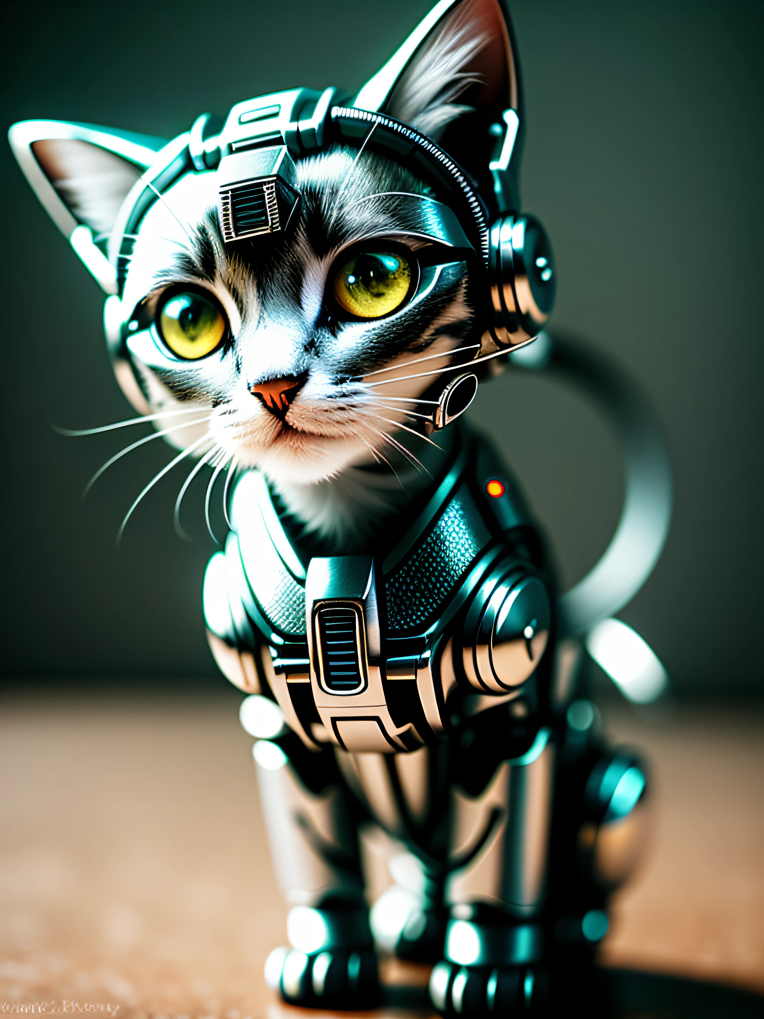 a cute kitten made out of metal，(Cyborg:1.1)，Metal tail，(complexdetails)，hdr，(complexdetails，ultra - detailed:1.2)，Cinema lenses，Halo shadow，at centre，White hair on the face，Cute face