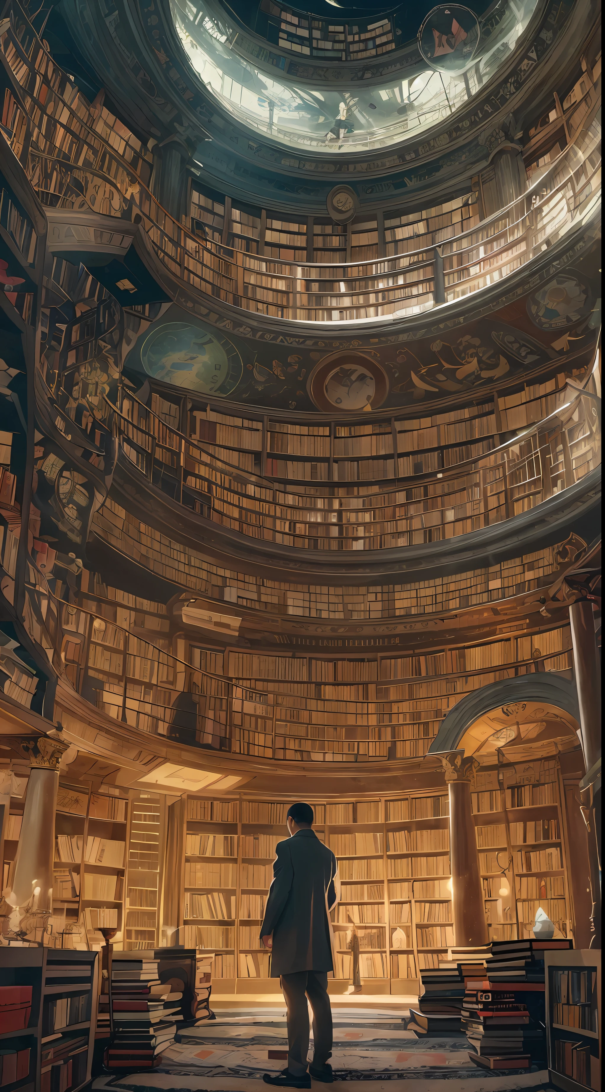 arafed image of a man standing in a library with books, endless books, borne space library artwork, books cave, fantasy book illustration, spiral shelves full of books, infinite celestial library, an eternal library, gothic epic library concept, magic library, japanese sci - fi books art, beeple and jean giraud, books all over the place